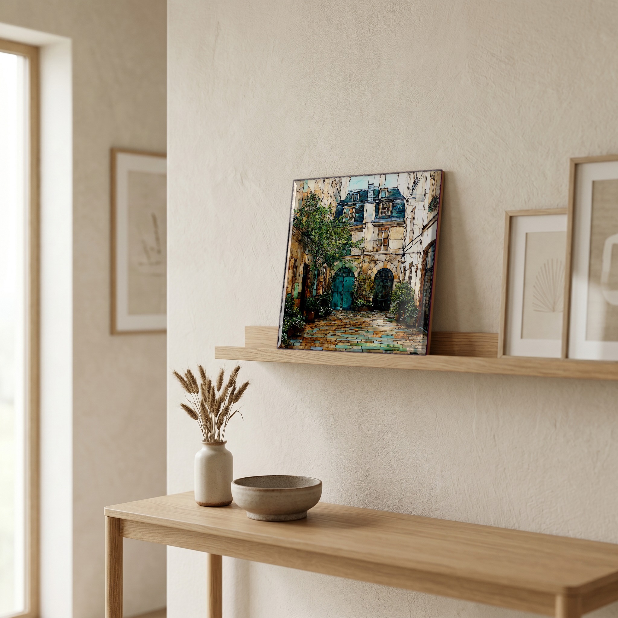 On a picture ledge, where the light comes in.