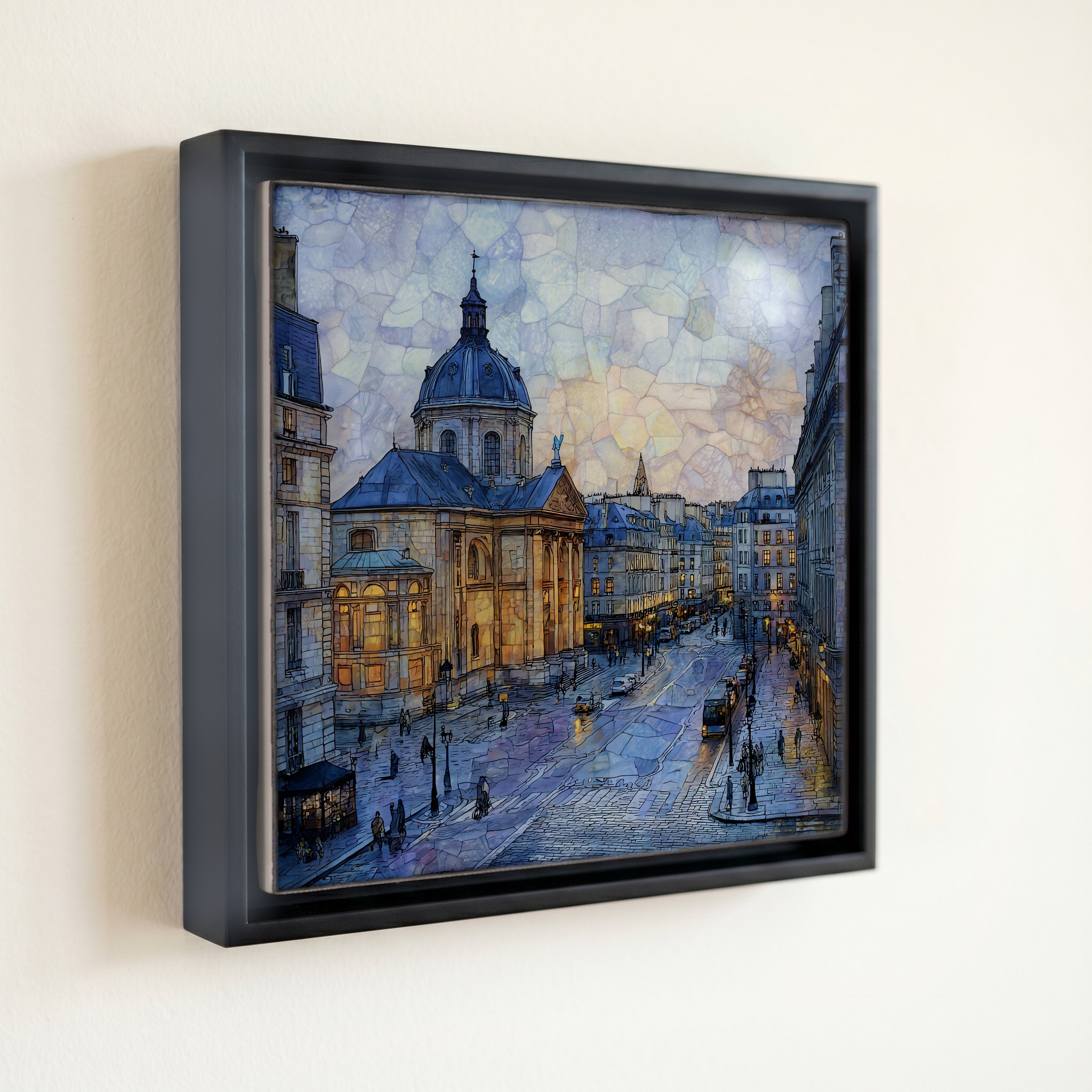 shown in a slim black floating frame · 6 × 6 in