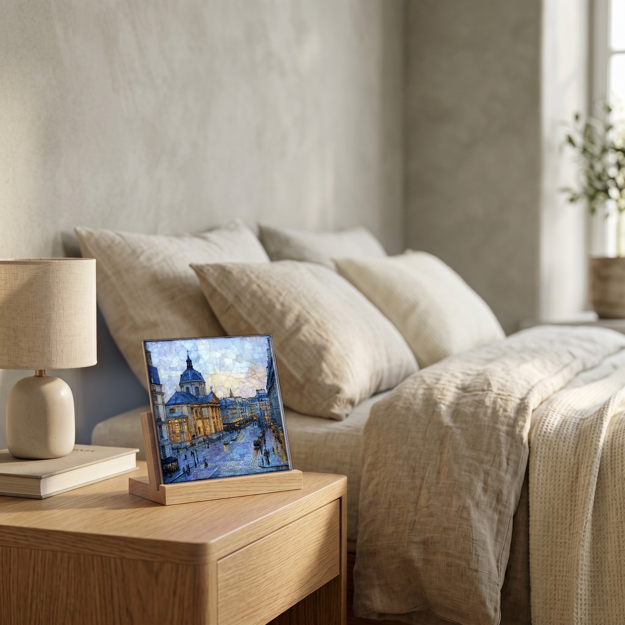 On the nightstand, on a light oak stand.