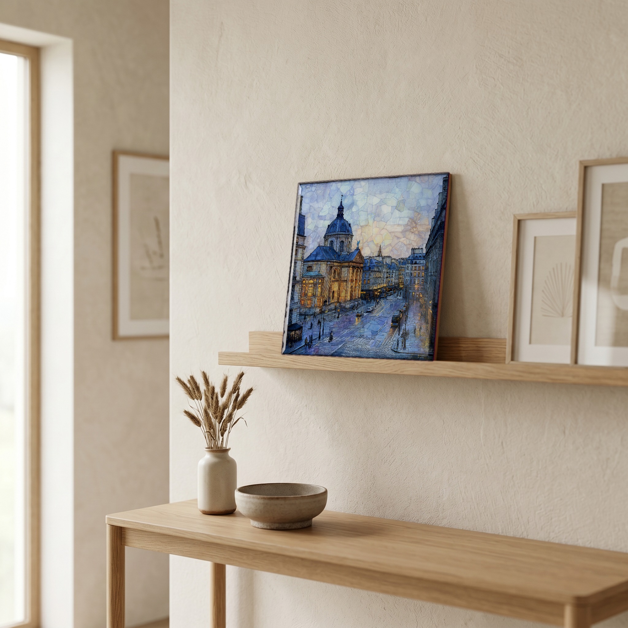 On a picture ledge, where the light comes in.