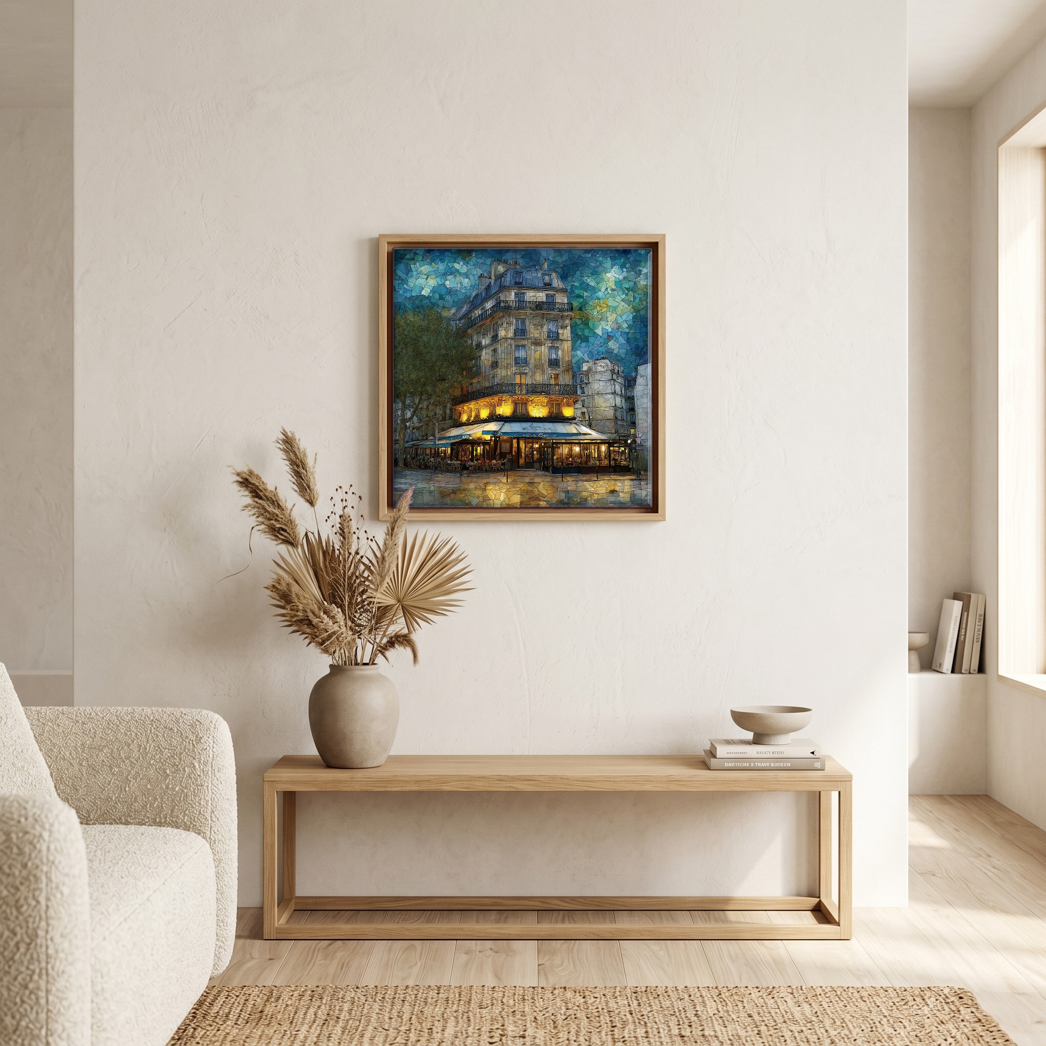 Above the bench, in a warm oak surround.