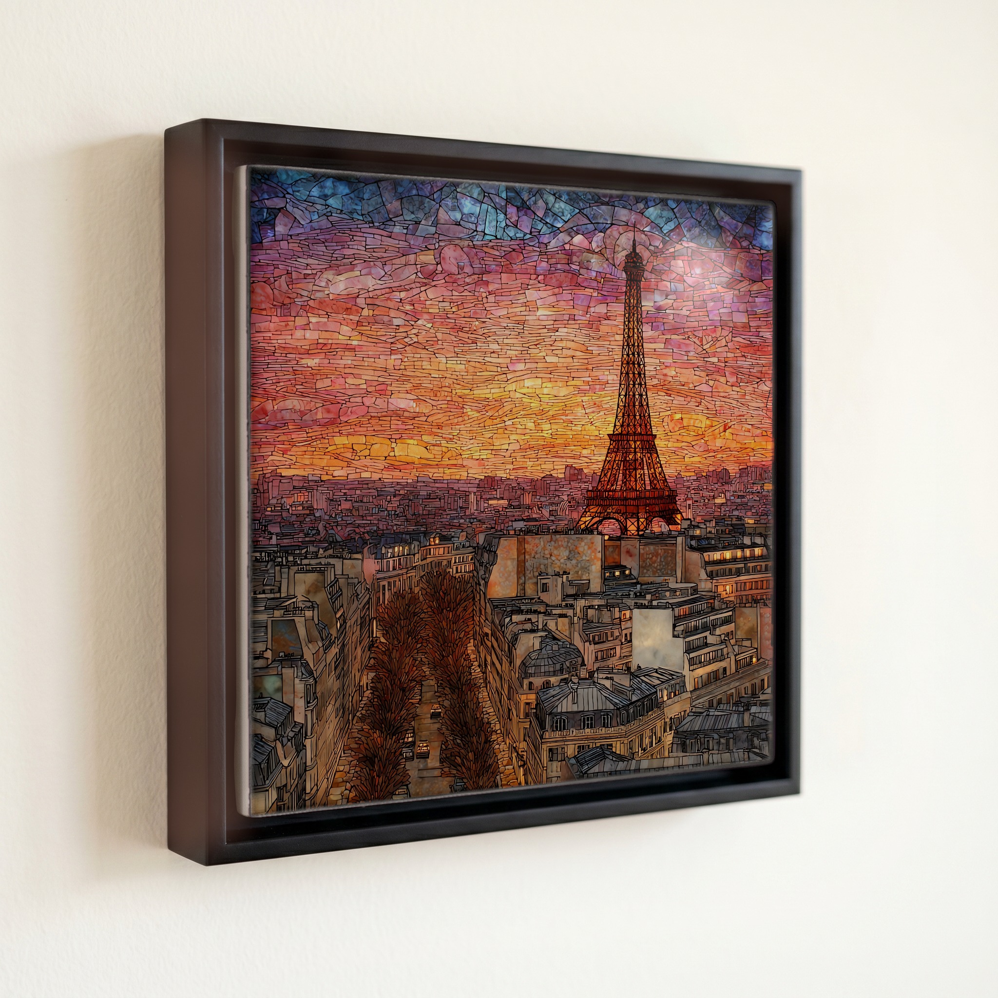 shown in a slim black floating frame · 6 × 6 in