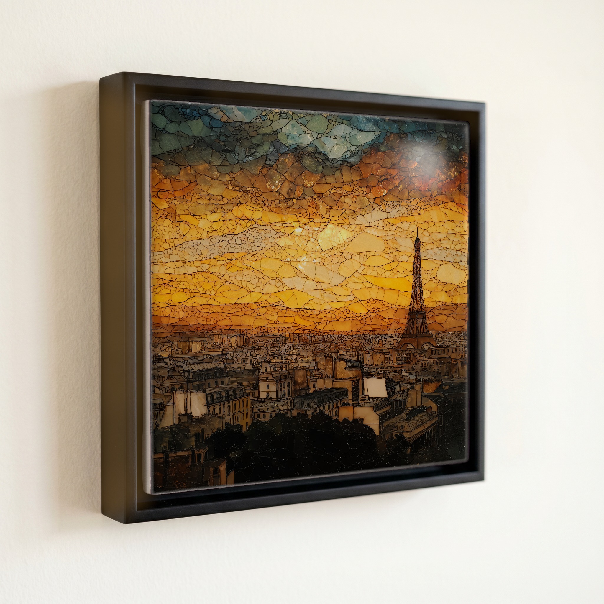 shown in a slim black floating frame · 6 × 6 in