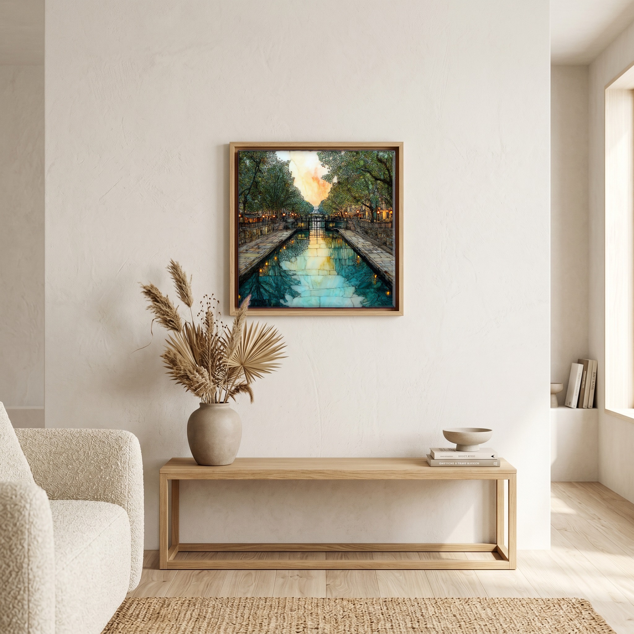 Above the bench, in a warm oak surround.