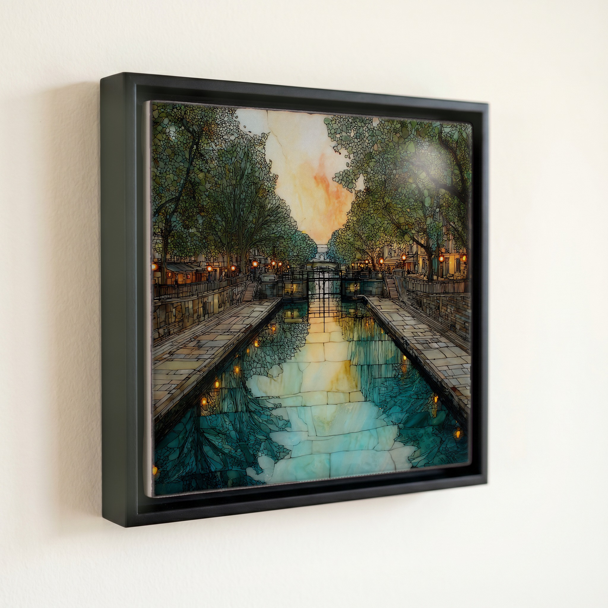 shown in a slim black floating frame · 6 × 6 in