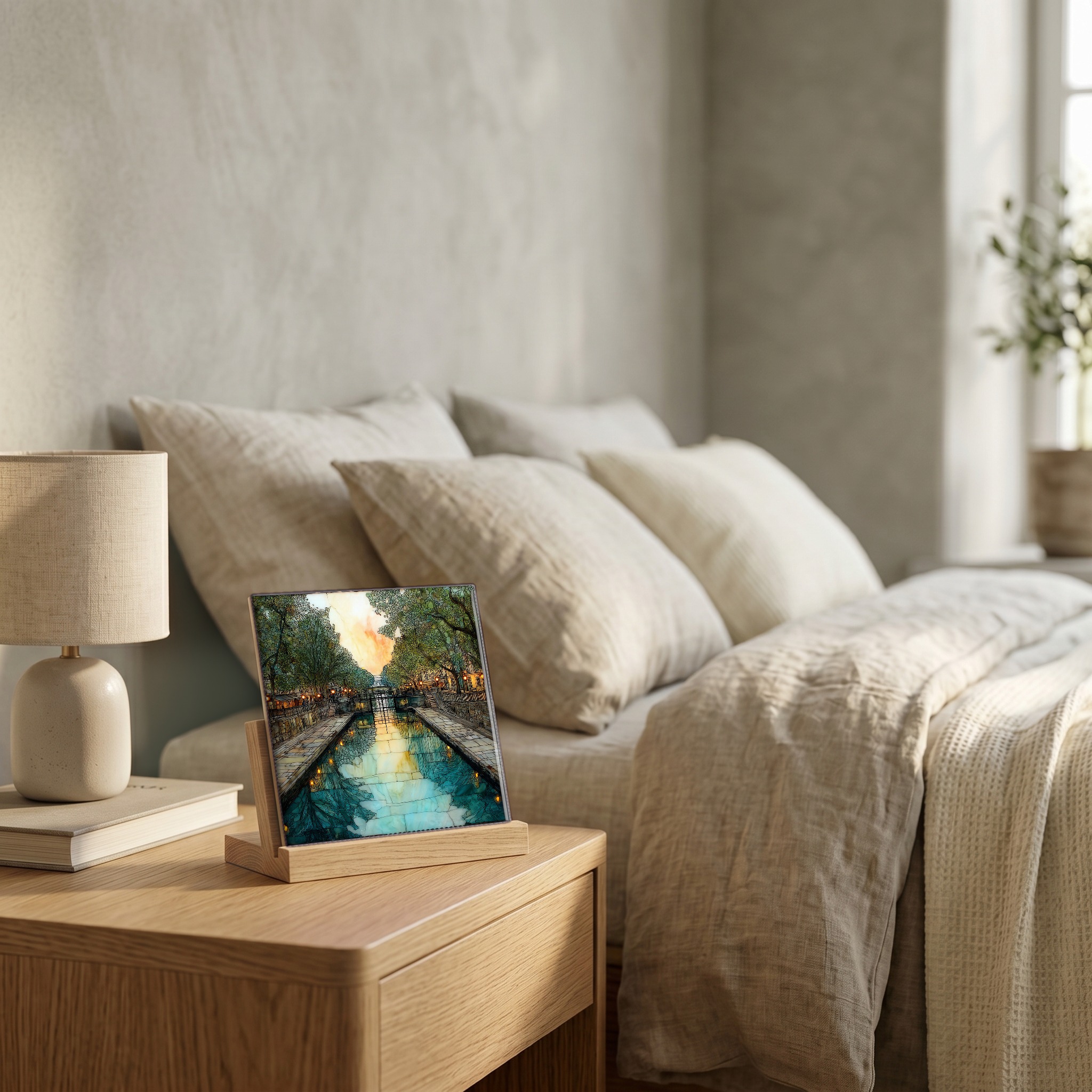 On the nightstand, on a light oak stand.
