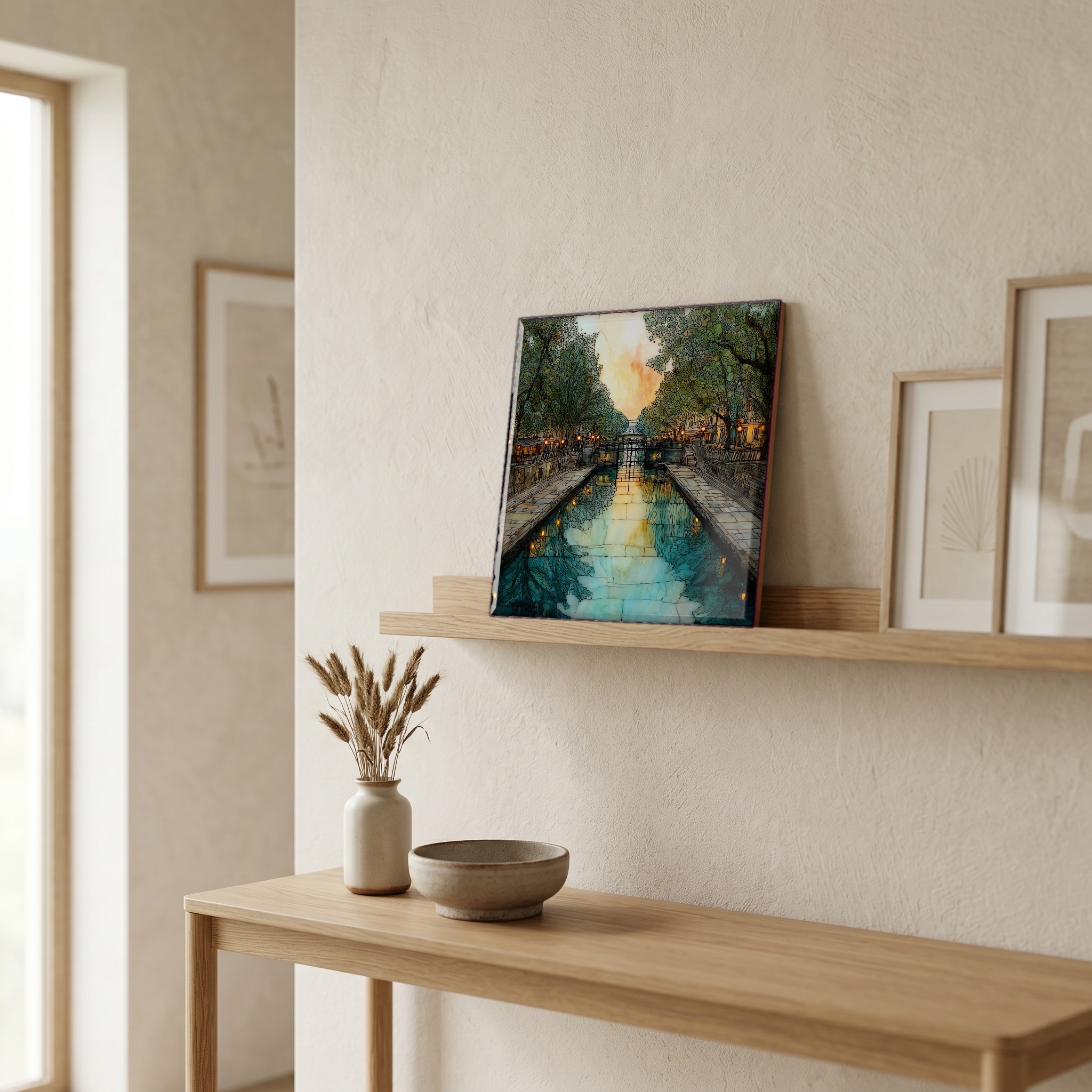 On a picture ledge, where the light comes in.