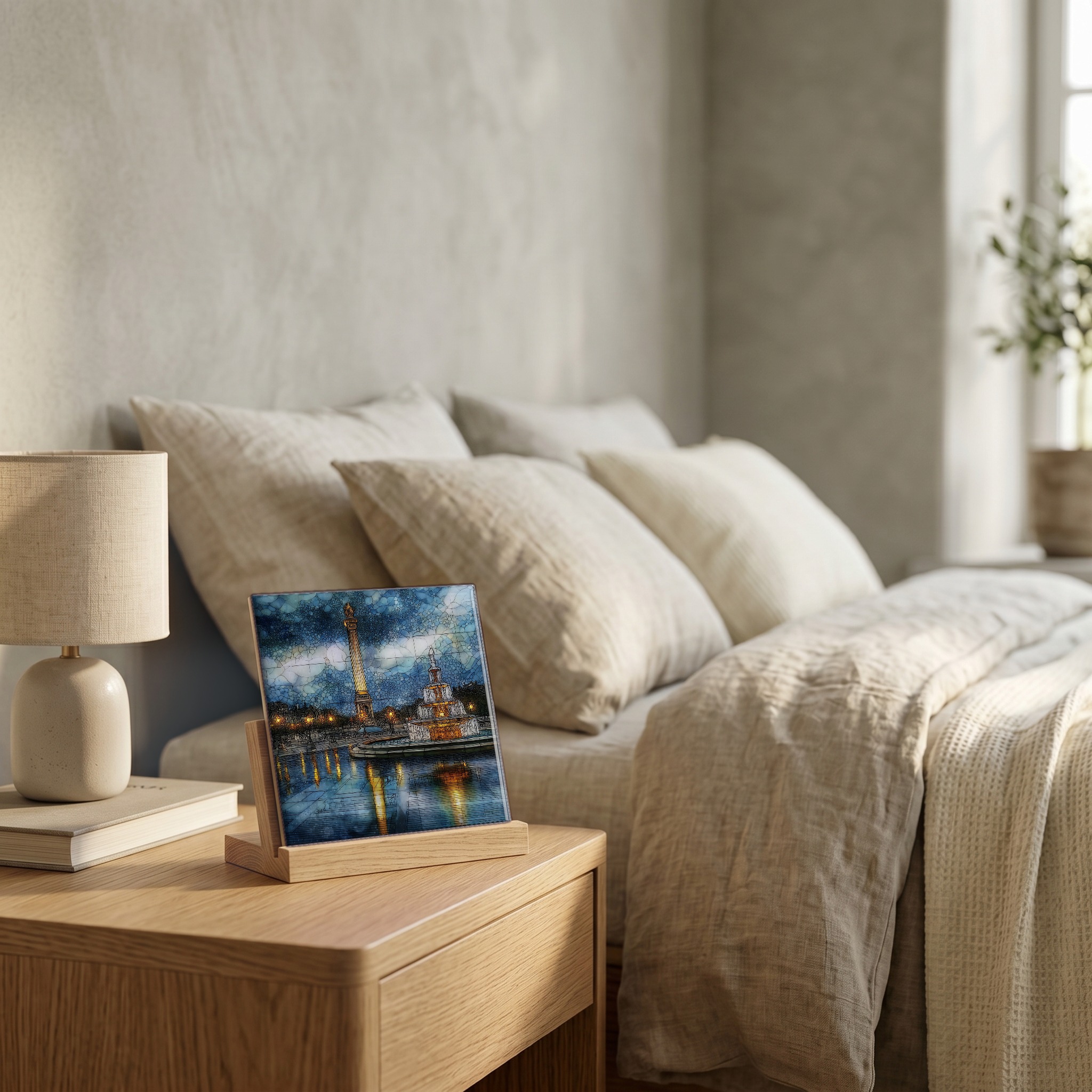 On the nightstand, on a light oak stand.