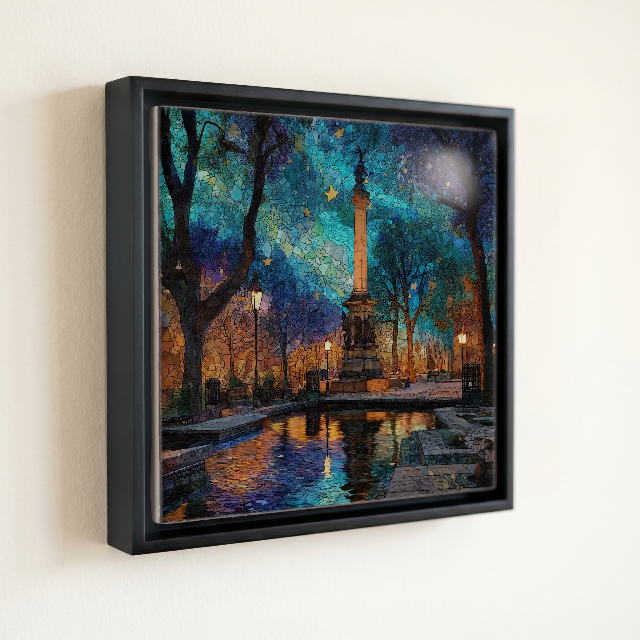 shown in a slim black floating frame · 6 × 6 in