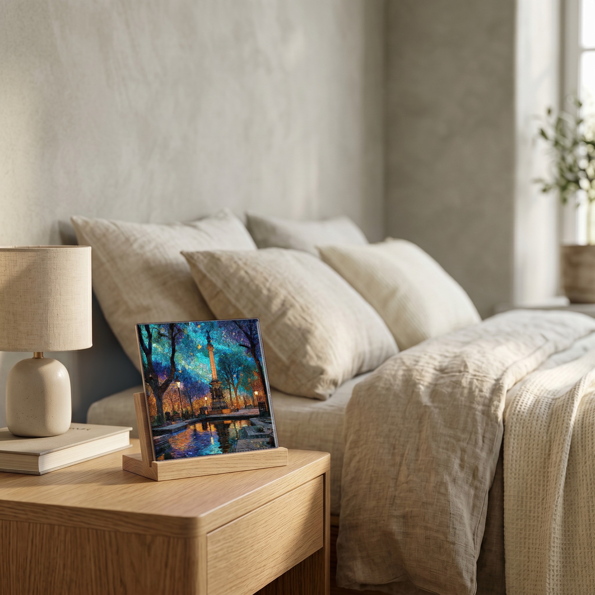 On the nightstand, on a light oak stand.