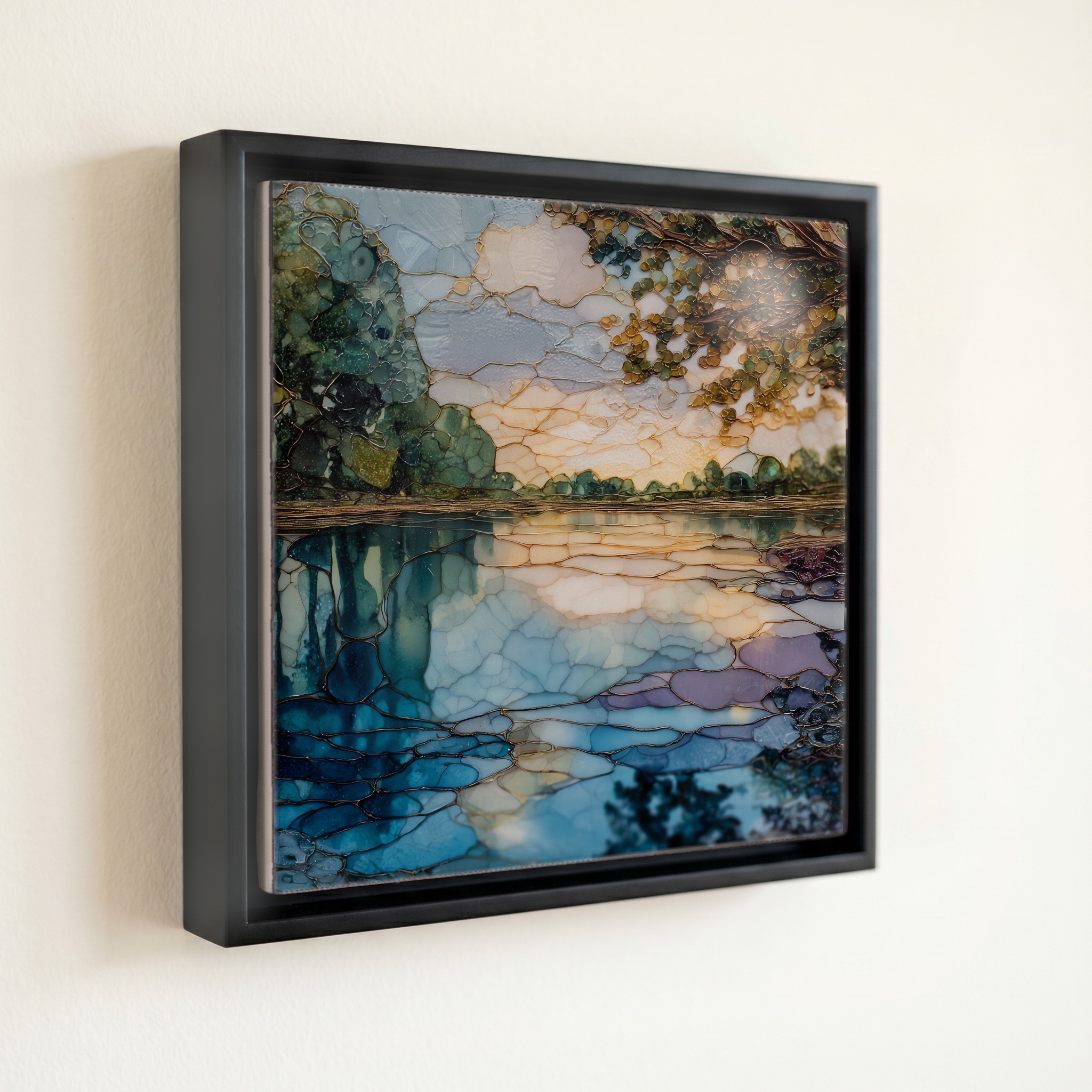 shown in a slim black floating frame · 6 × 6 in