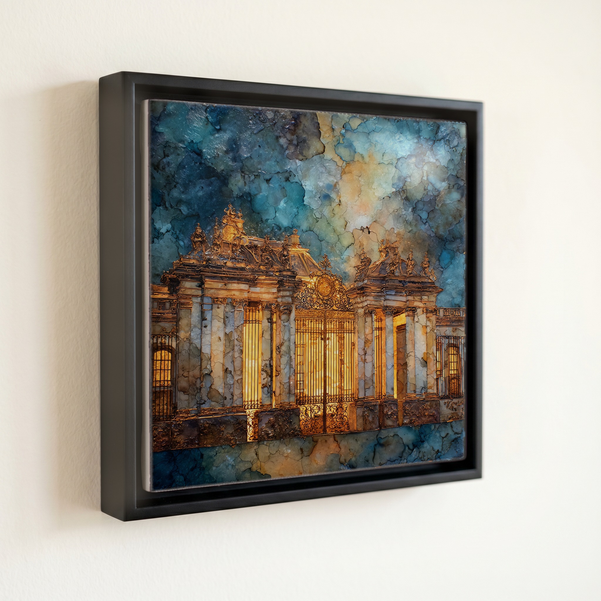 shown in a slim black floating frame · 6 × 6 in