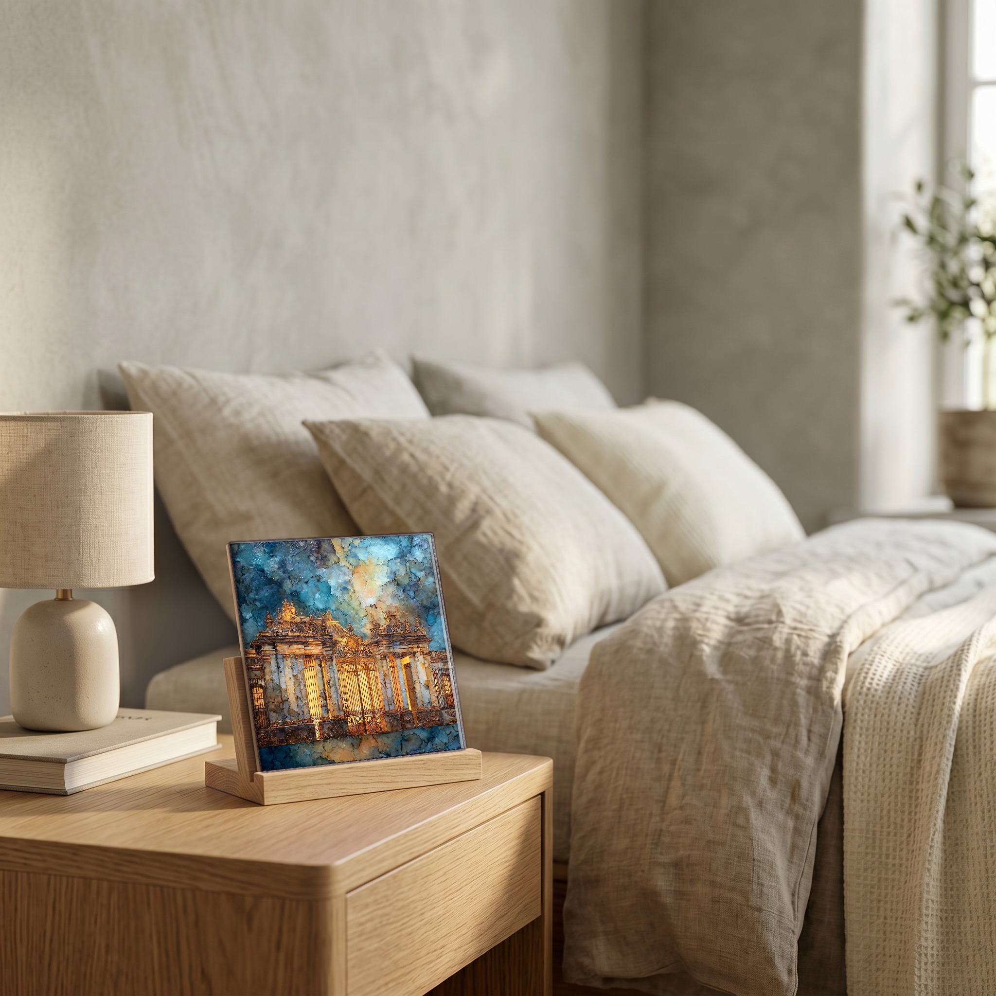 On the nightstand, on a light oak stand.