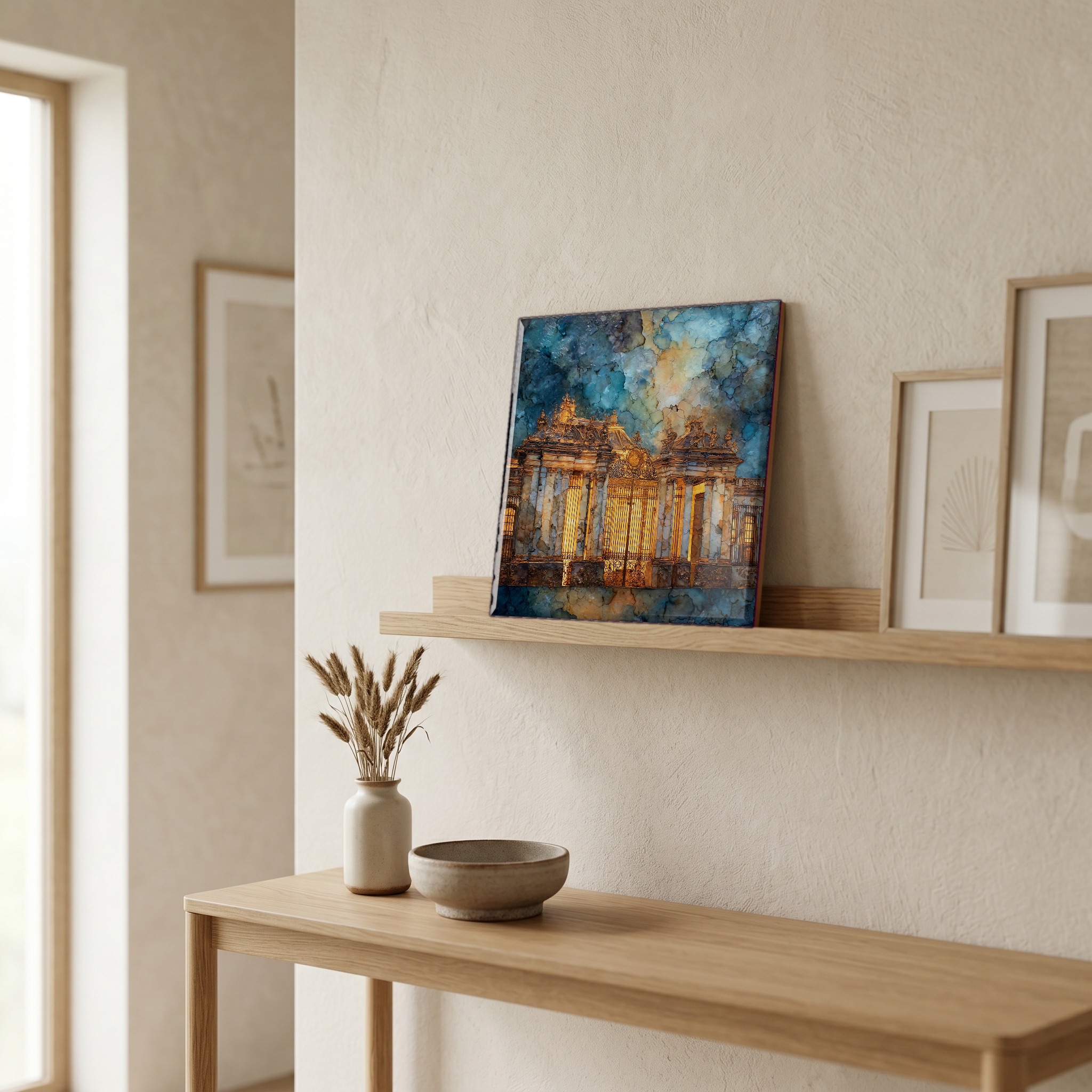 On a picture ledge, where the light comes in.