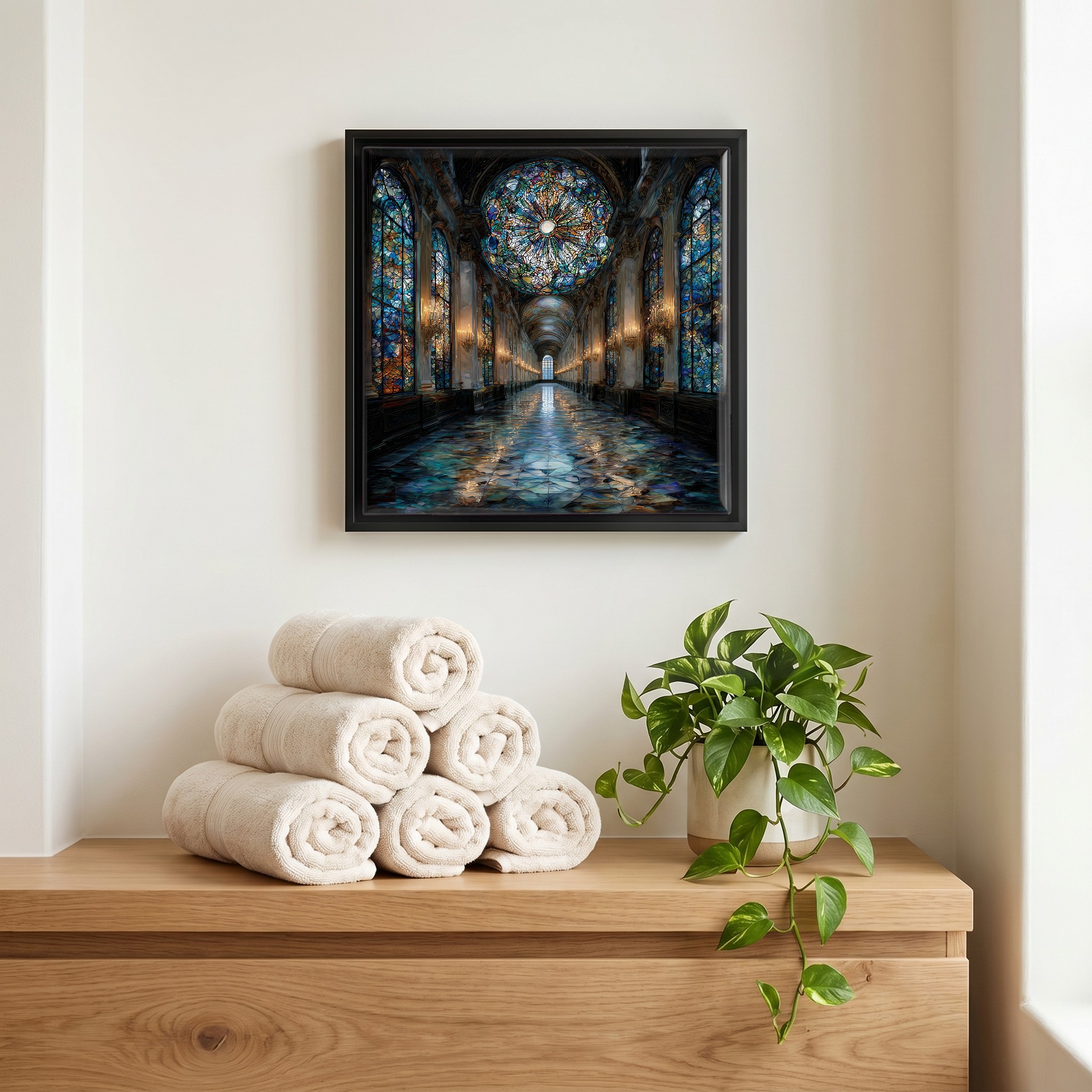 Above the linens, in a slim black surround.