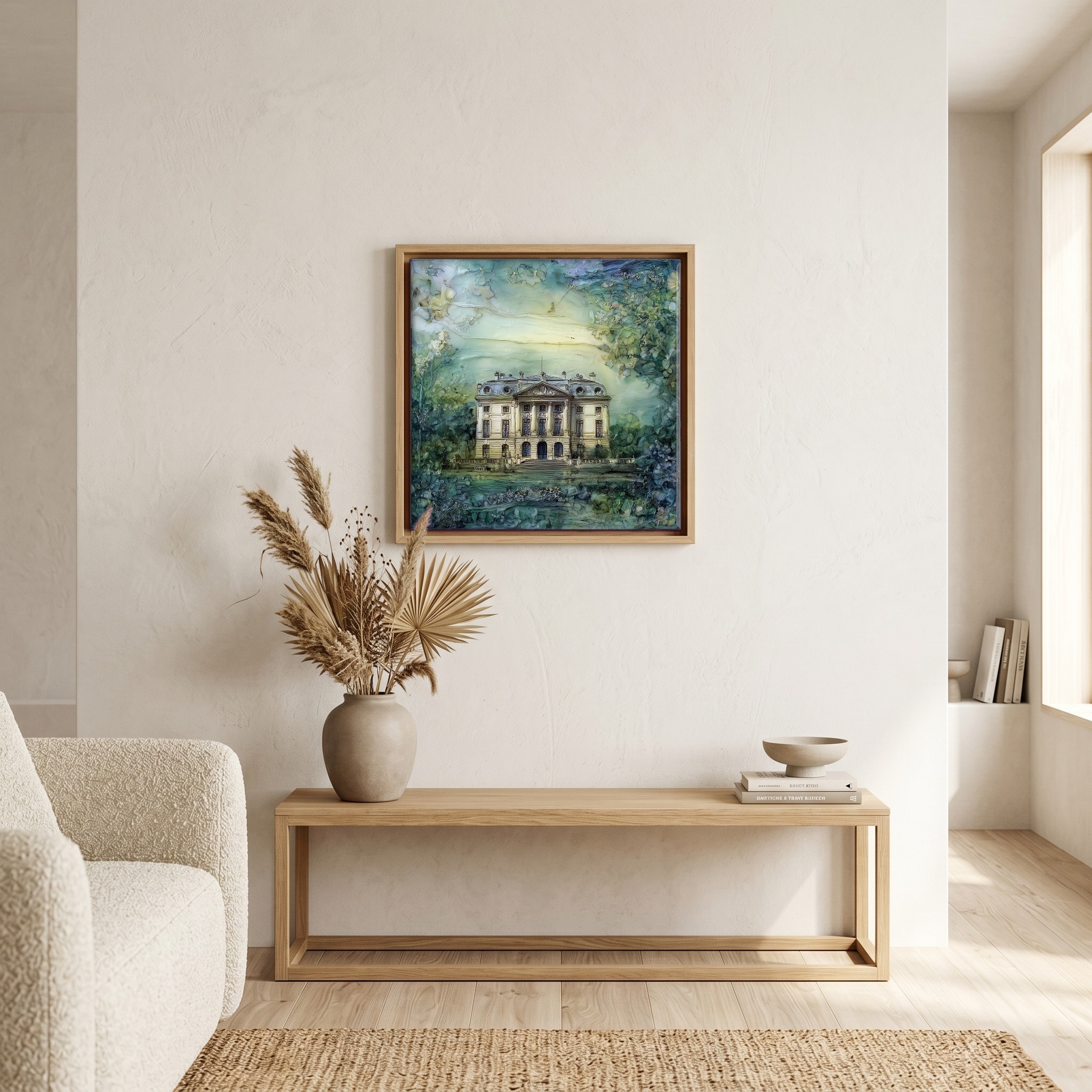 Above the bench, in a warm oak surround.