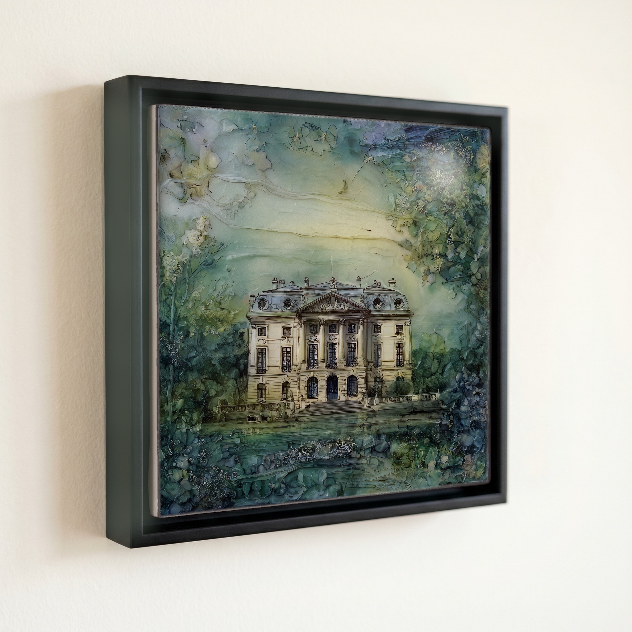 shown in a slim black floating frame · 6 × 6 in