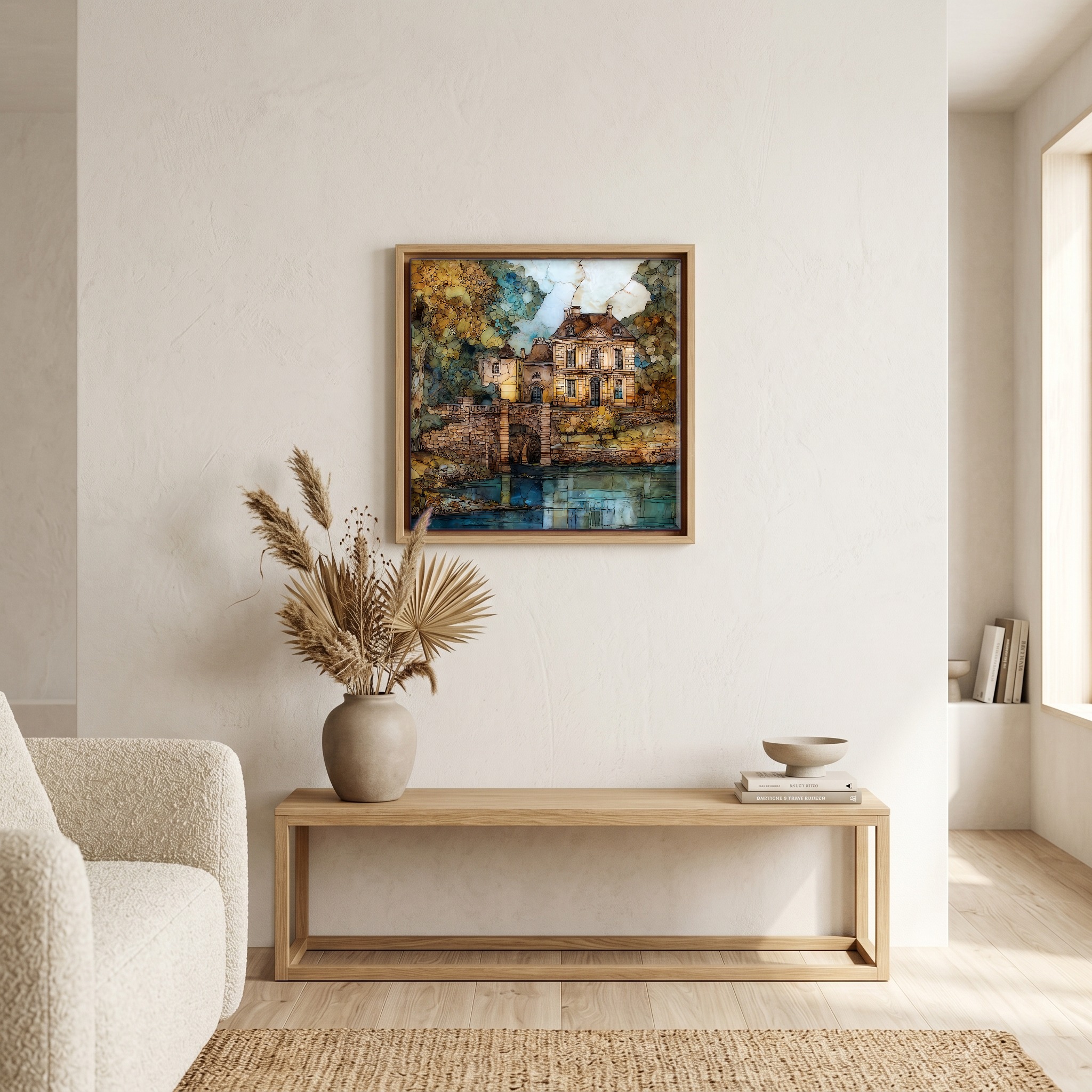 Above the bench, in a warm oak surround.