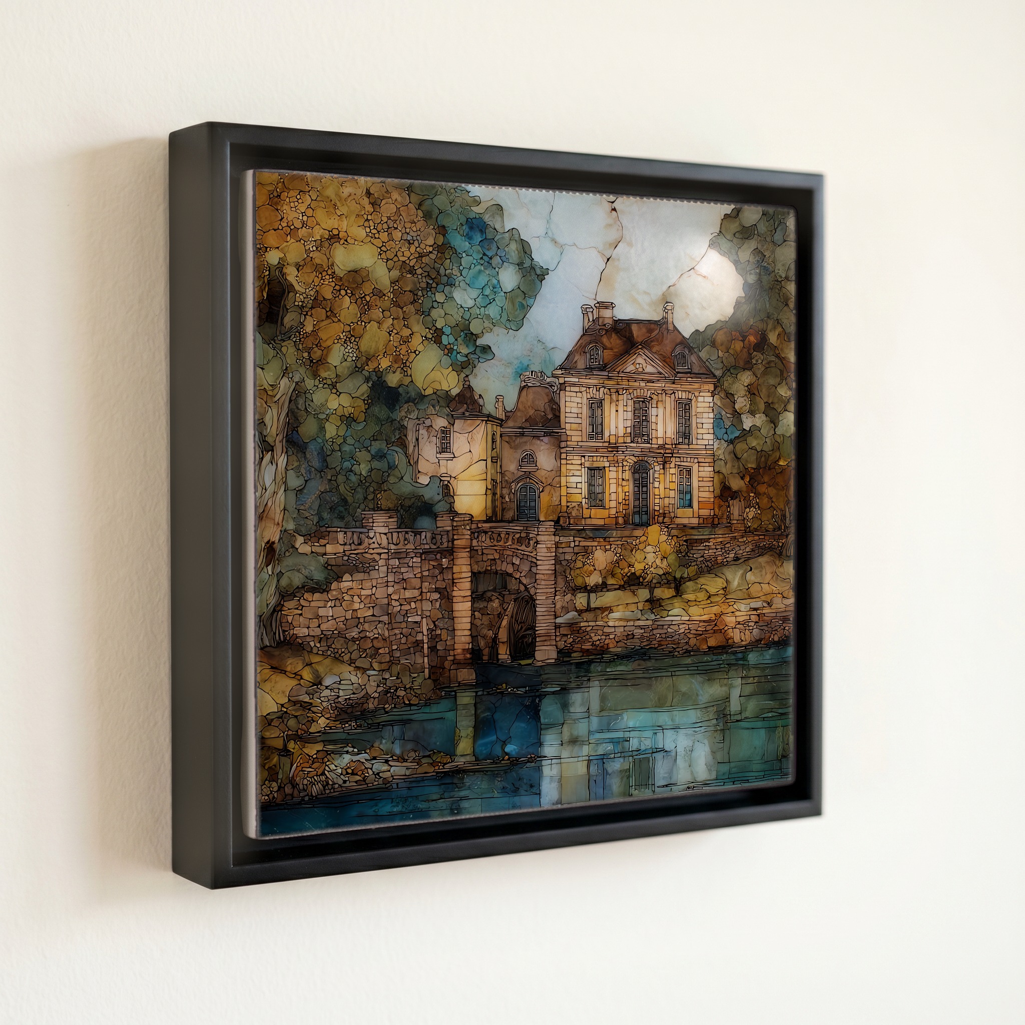shown in a slim black floating frame · 6 × 6 in