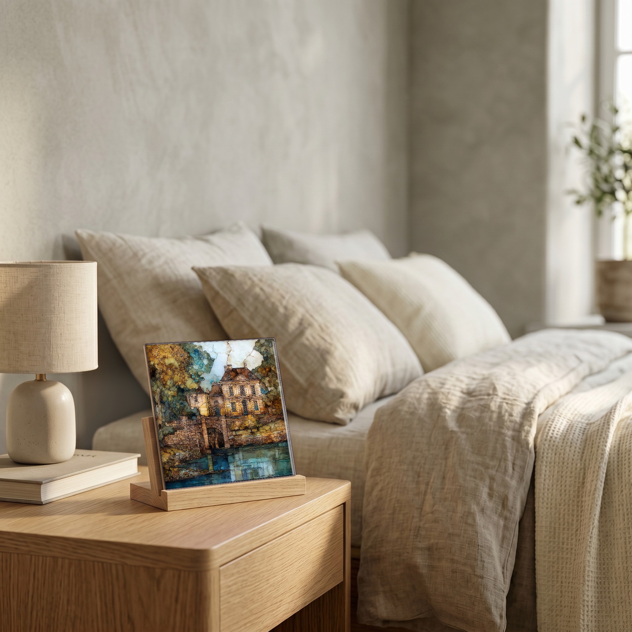 On the nightstand, on a light oak stand.