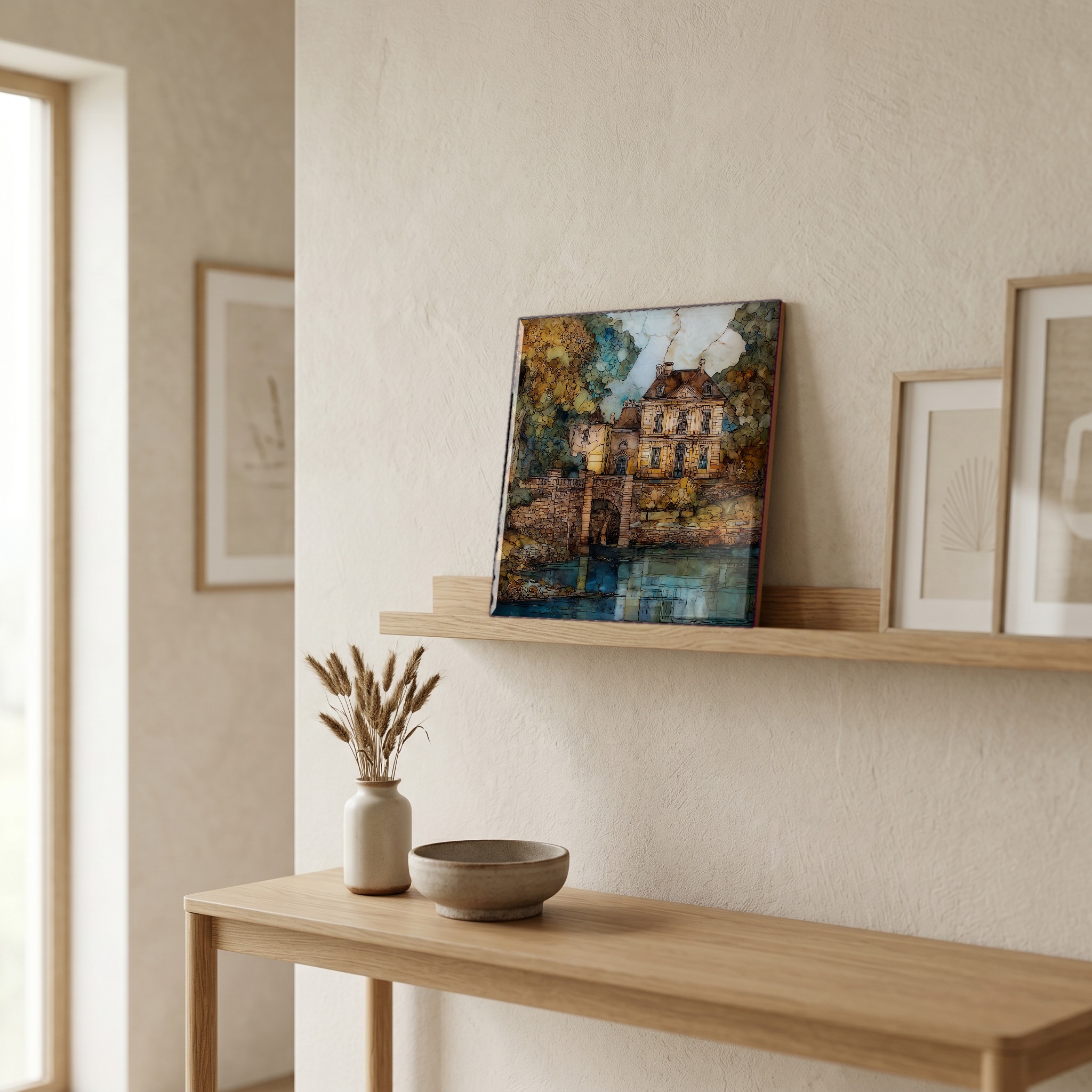 On a picture ledge, where the light comes in.
