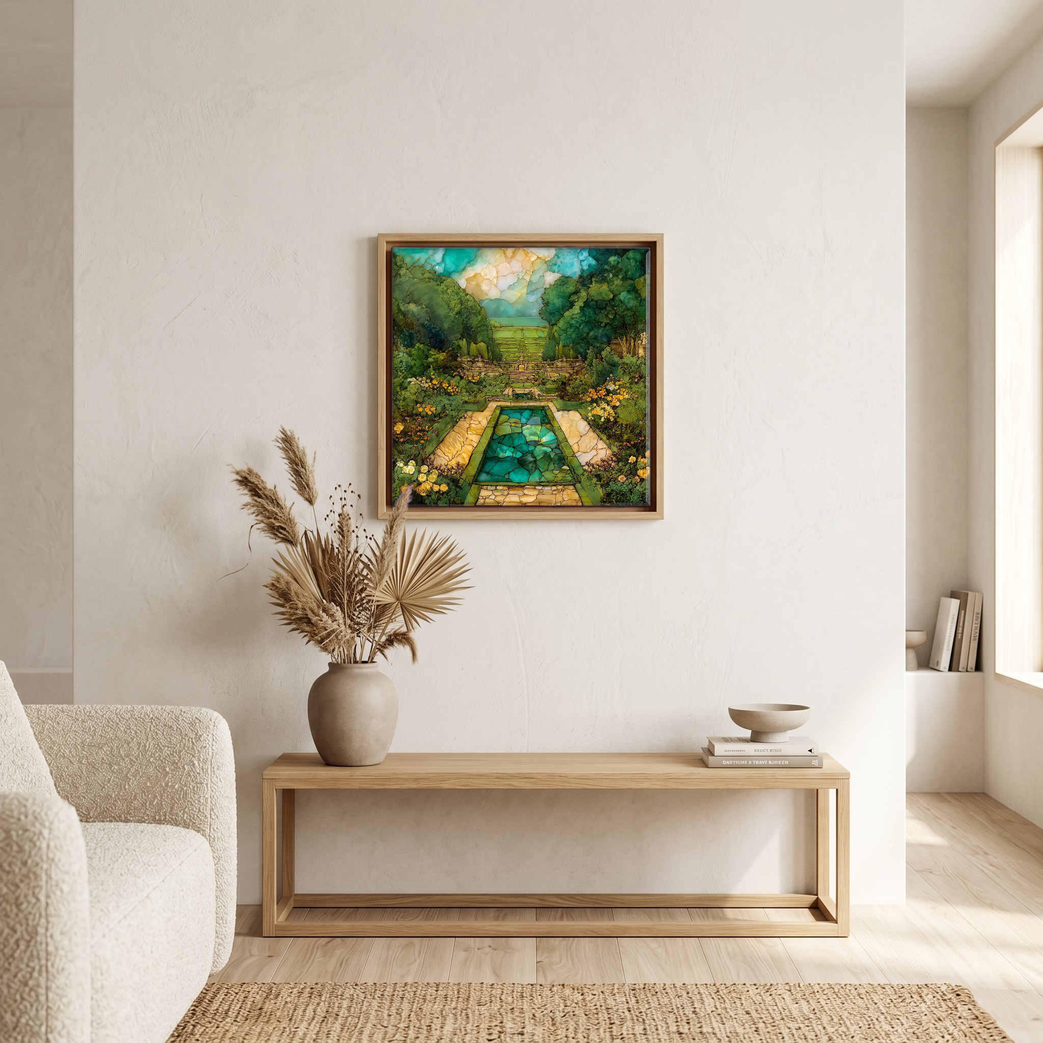 Above the bench, in a warm oak surround.