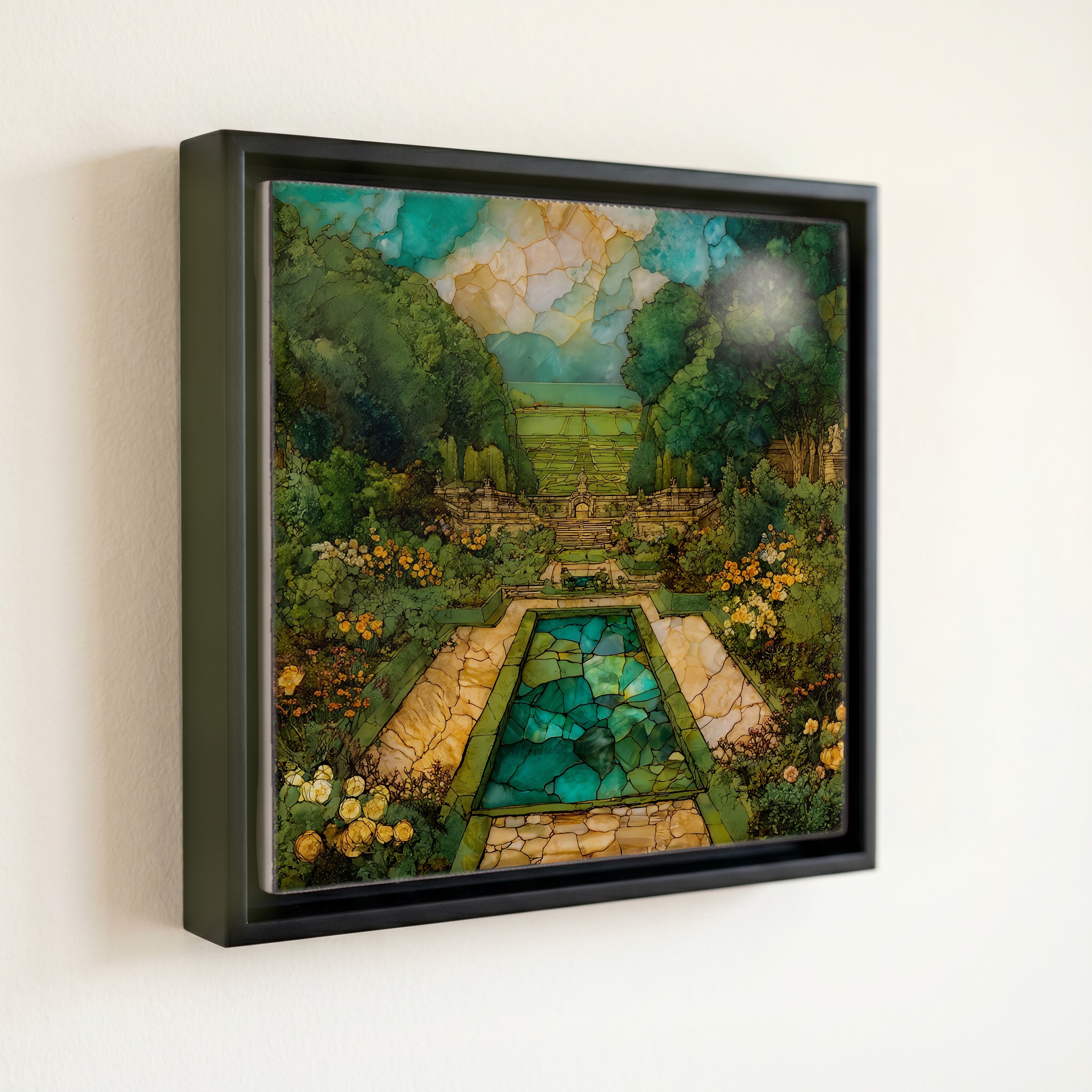 shown in a slim black floating frame · 6 × 6 in
