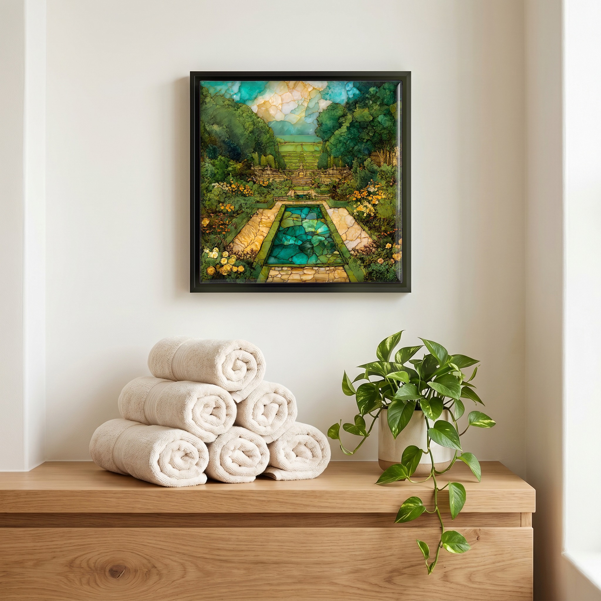 Above the linens, in a slim black surround.