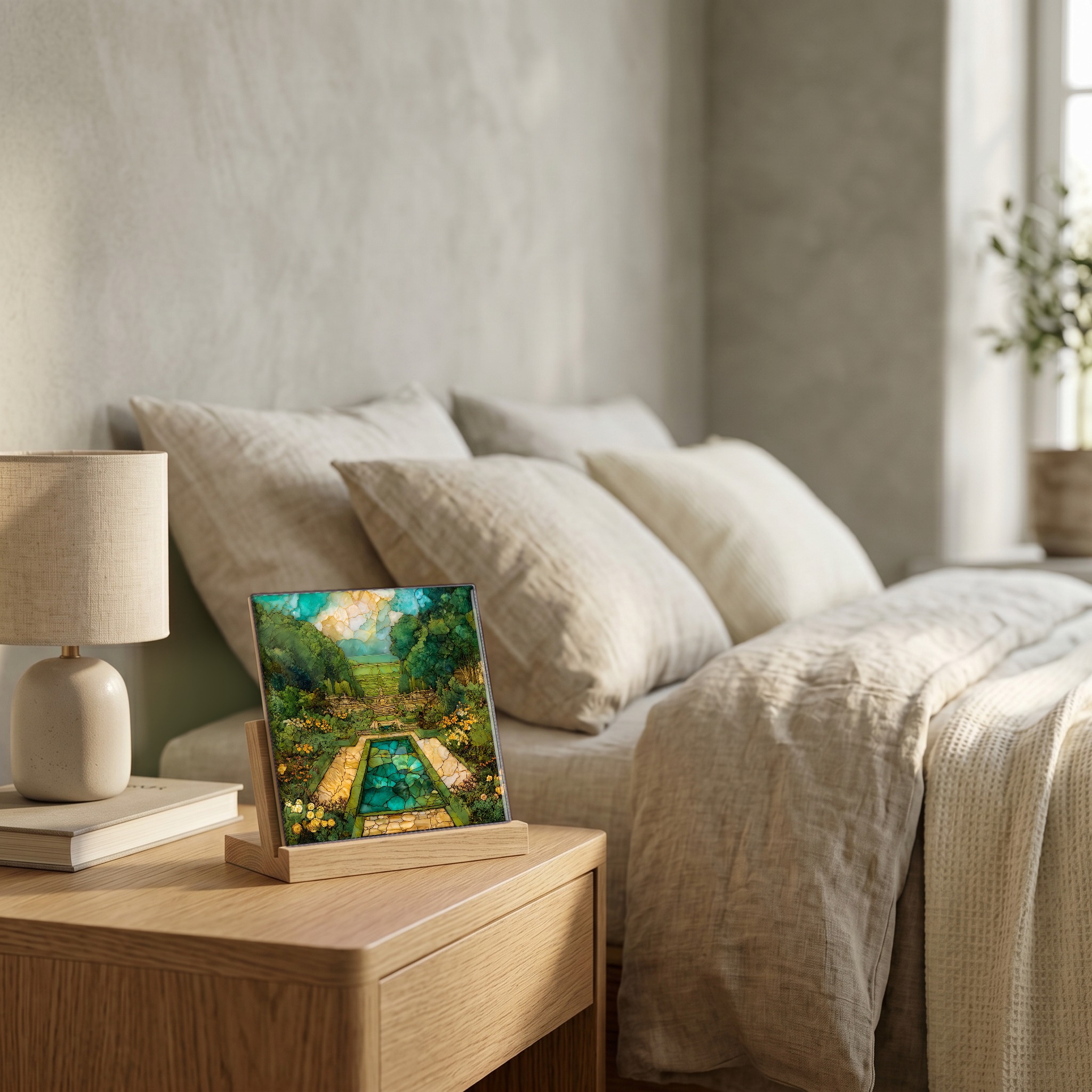 On the nightstand, on a light oak stand.