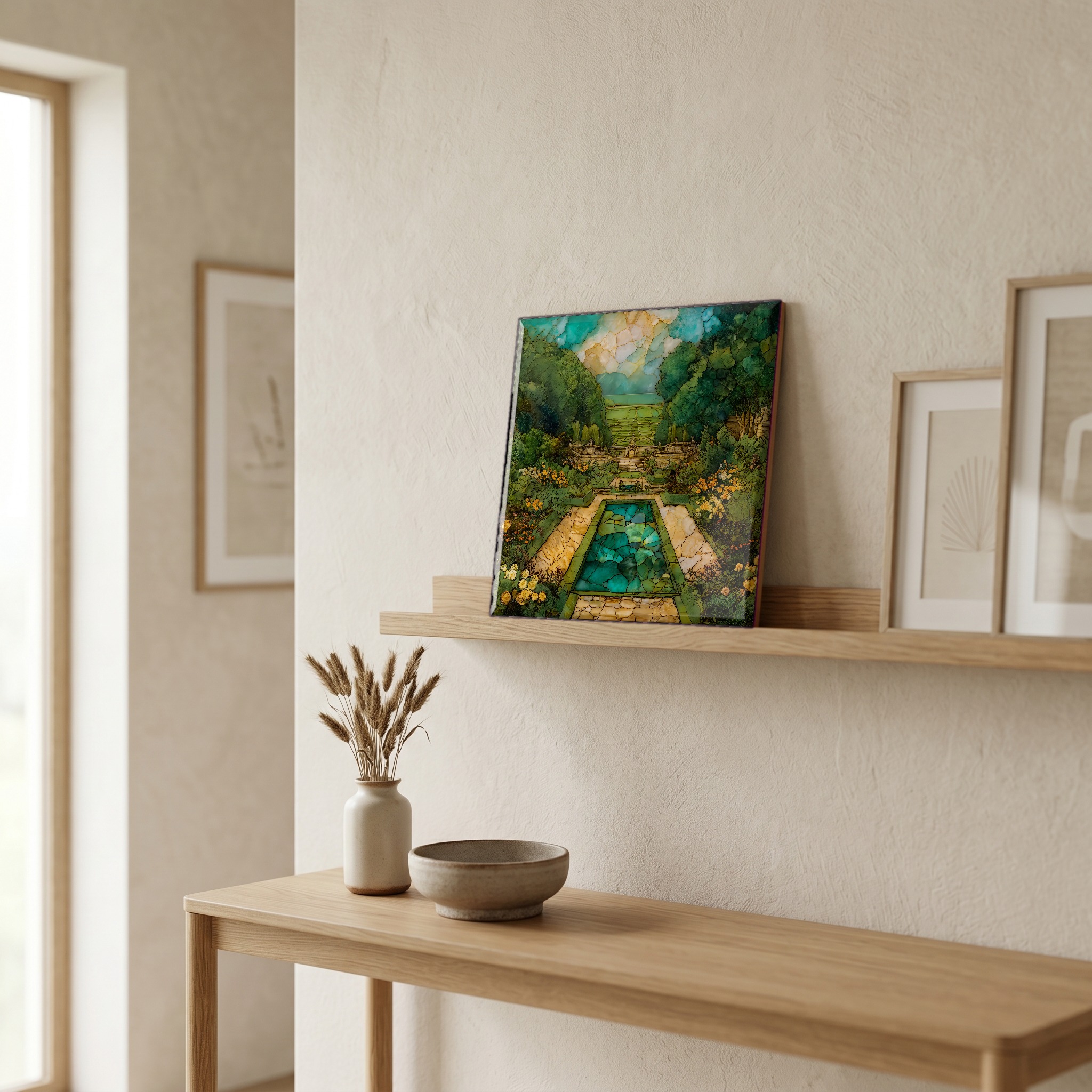 On a picture ledge, where the light comes in.