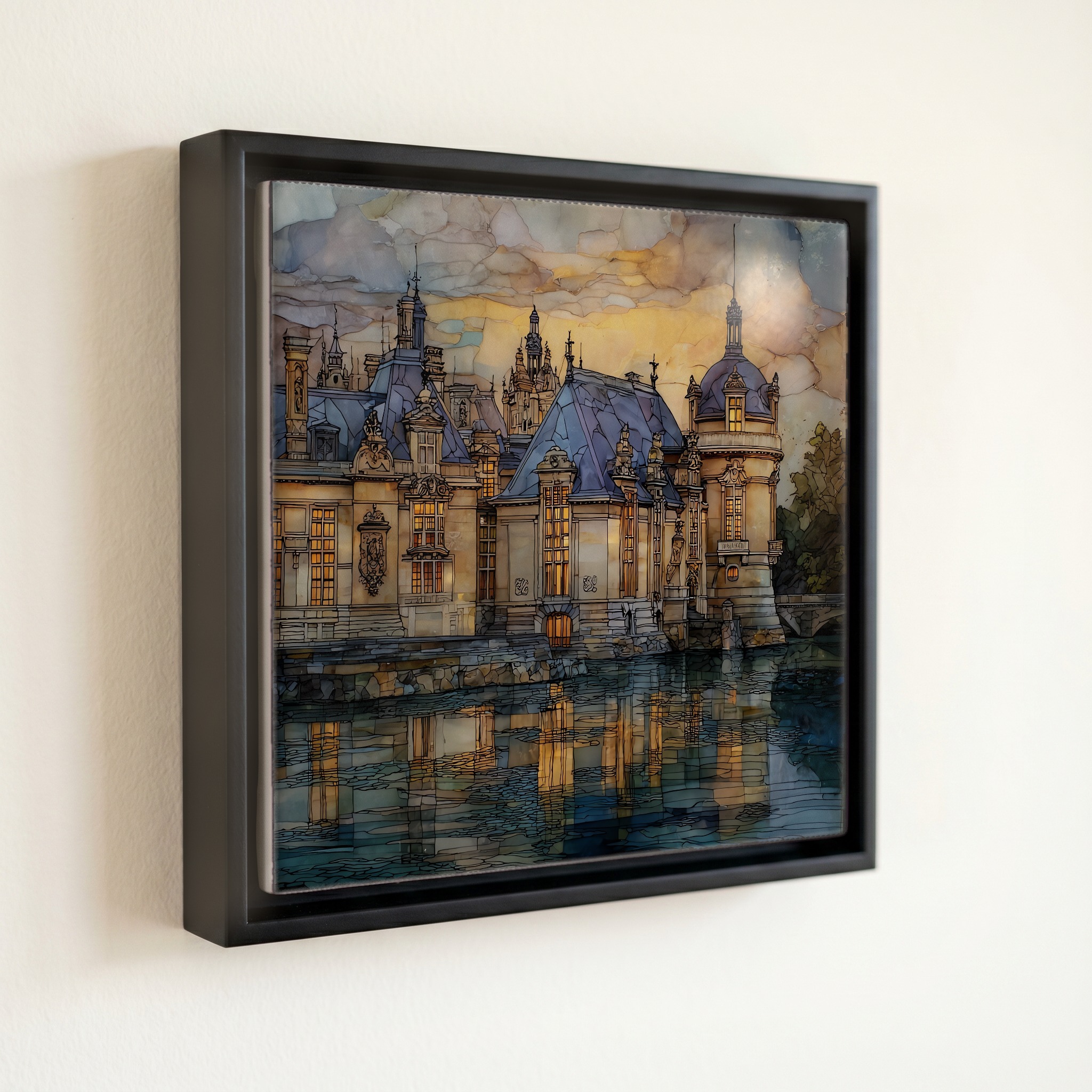 shown in a slim black floating frame · 6 × 6 in