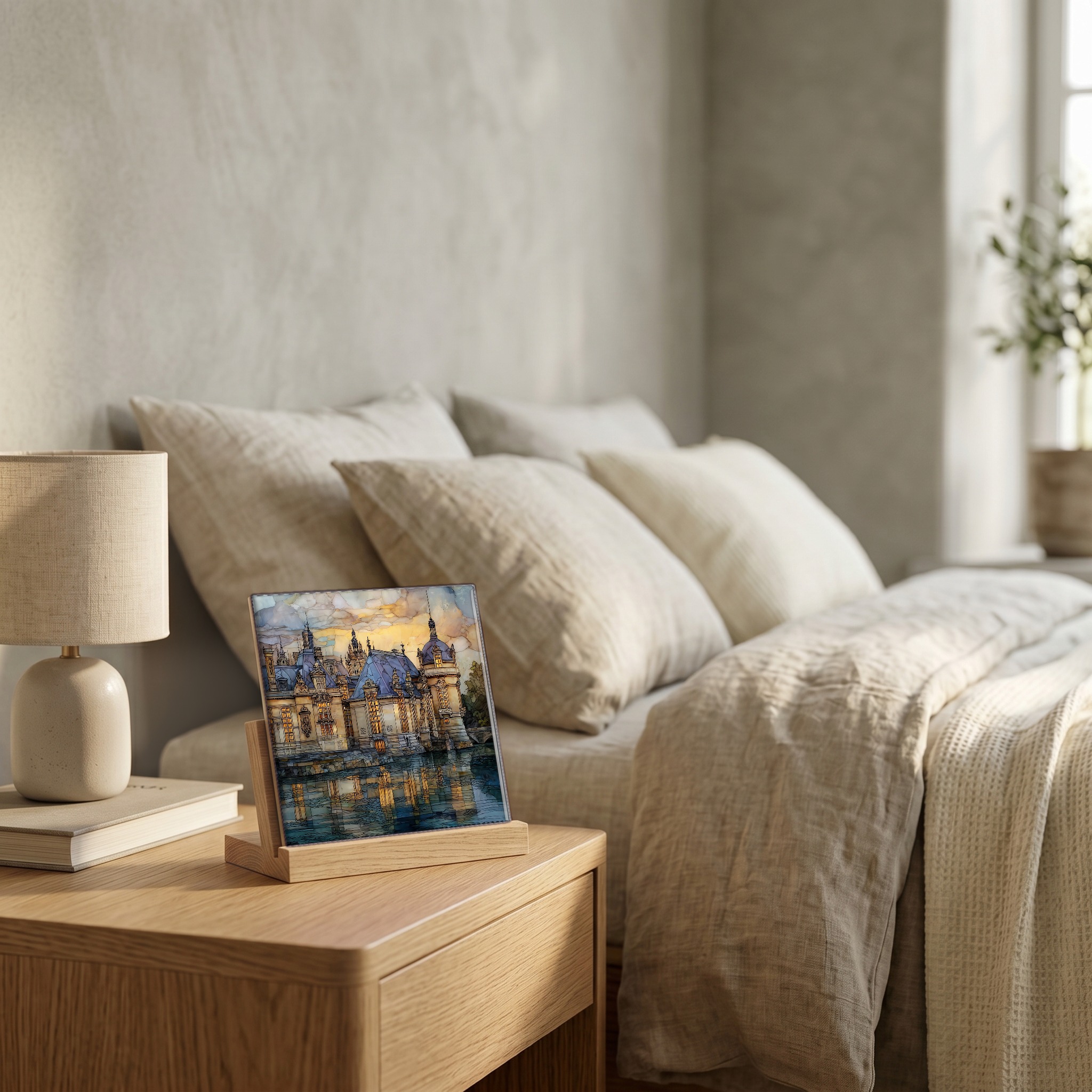 On the nightstand, on a light oak stand.