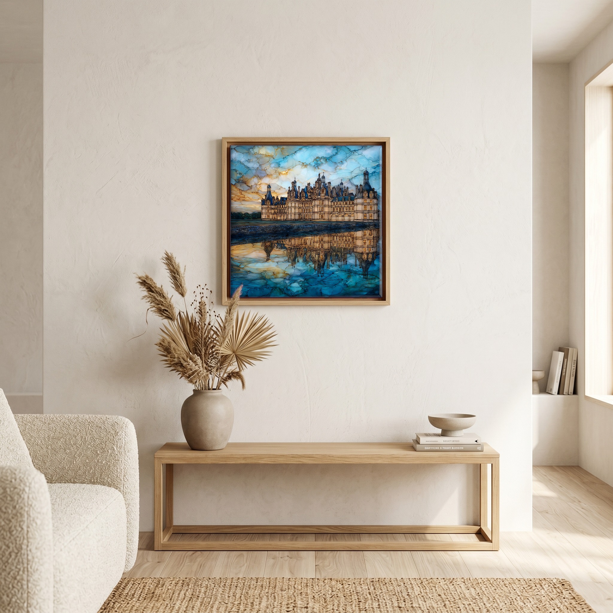 Above the bench, in a warm oak surround.
