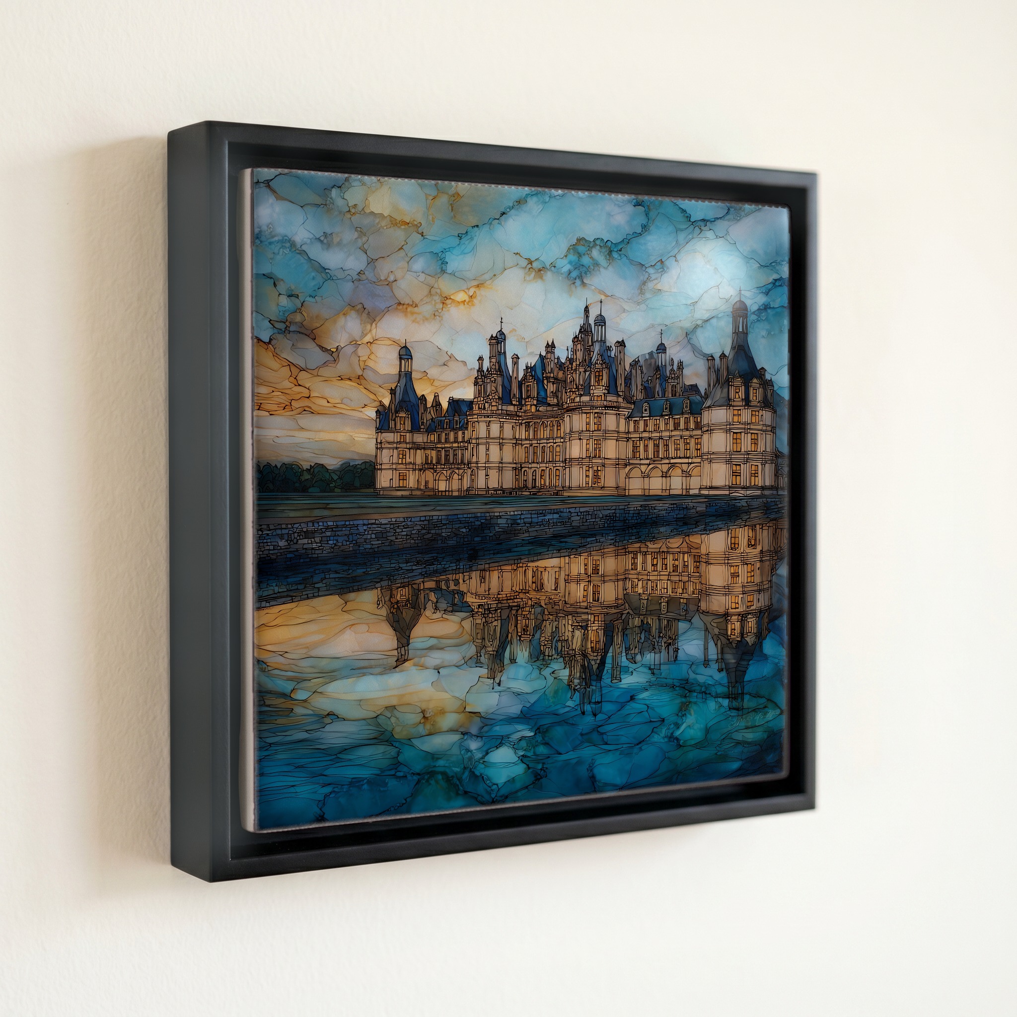 shown in a slim black floating frame · 6 × 6 in