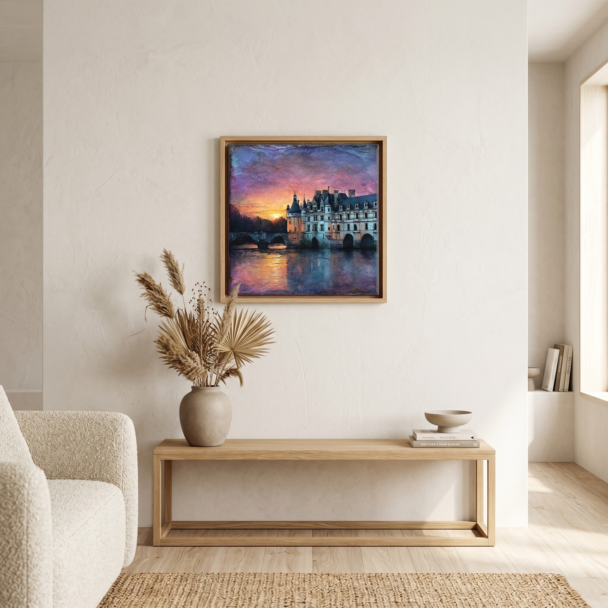 Above the bench, in a warm oak surround.
