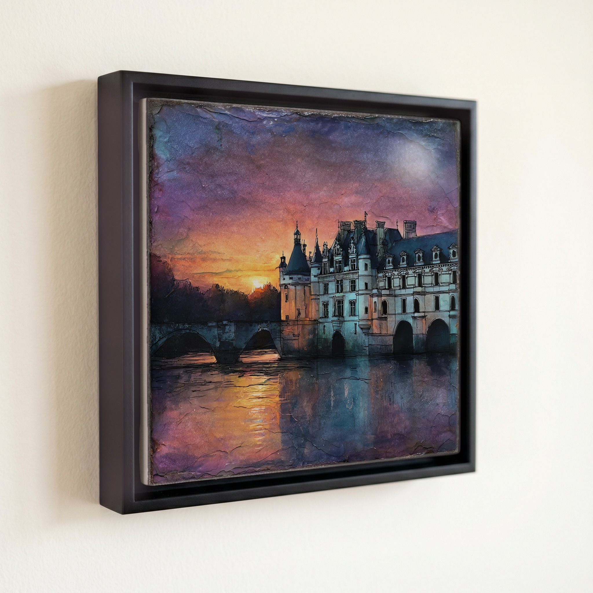 shown in a slim black floating frame · 6 × 6 in