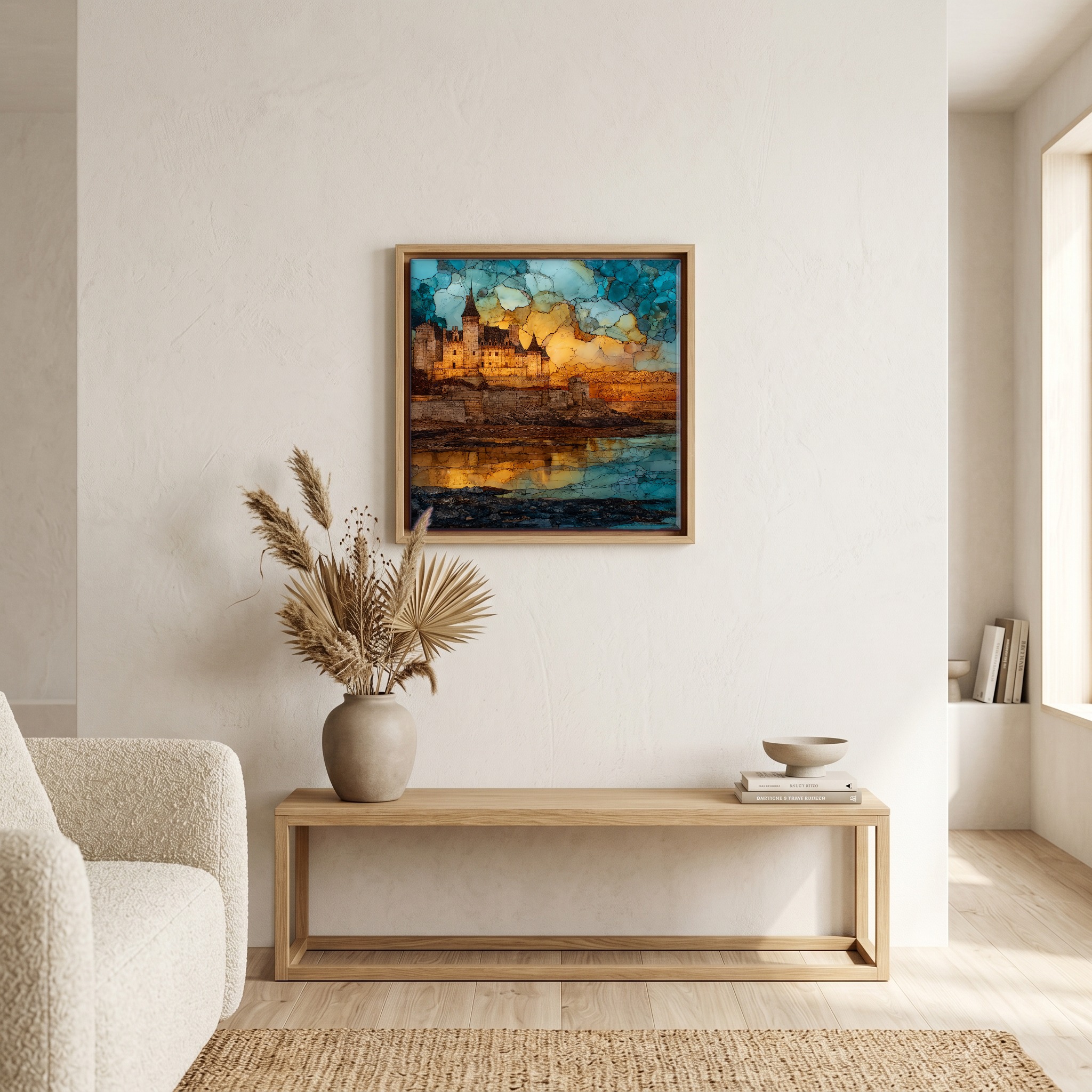 Above the bench, in a warm oak surround.