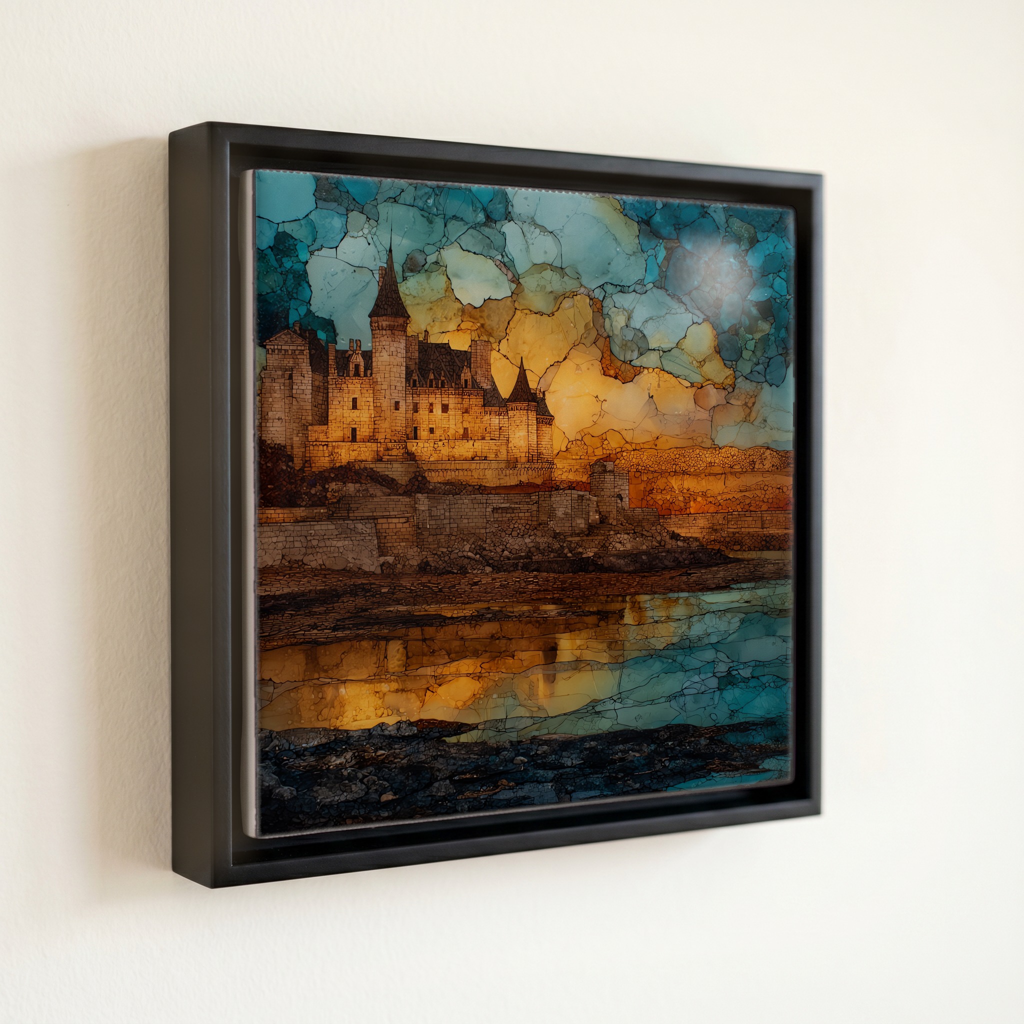 shown in a slim black floating frame · 6 × 6 in