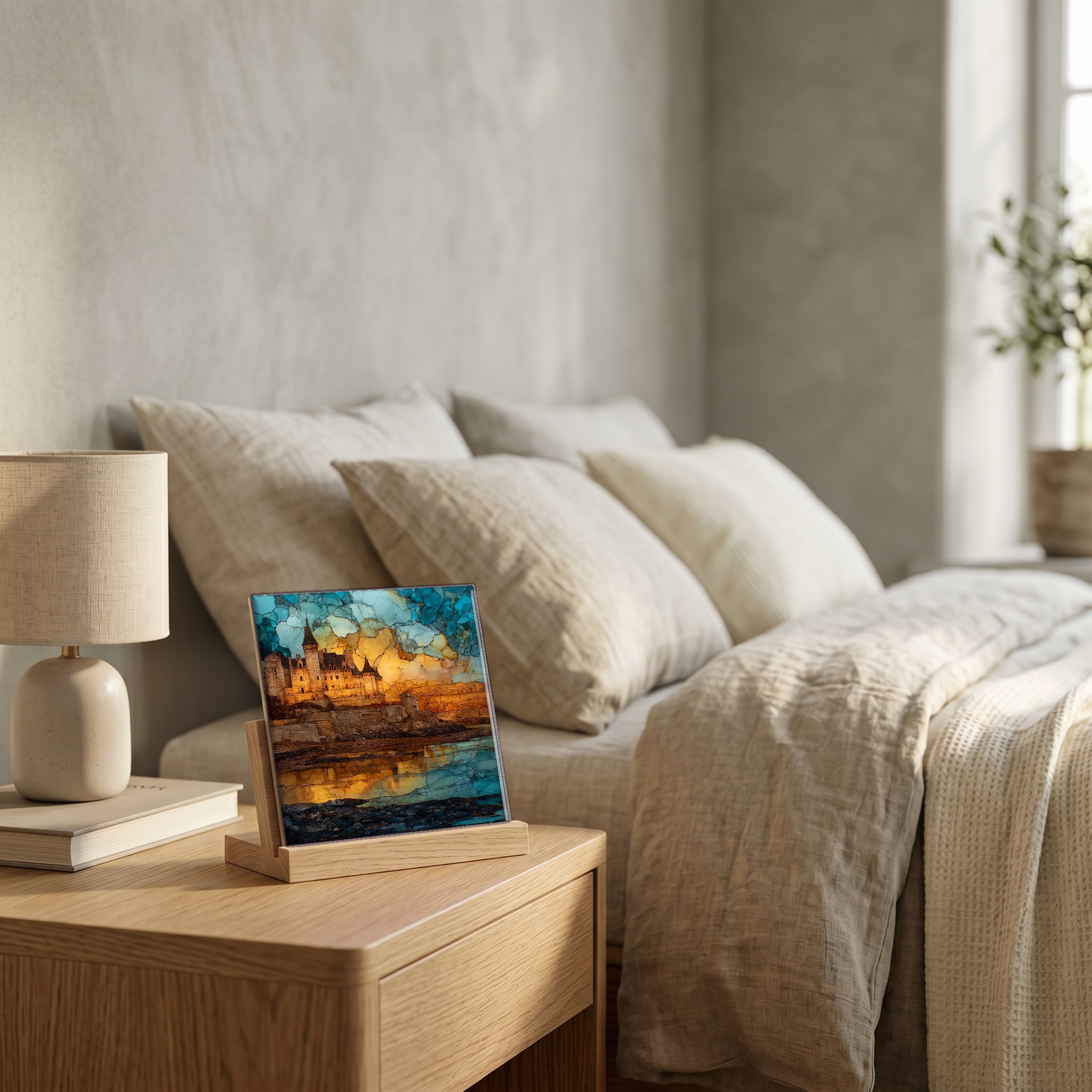 On the nightstand, on a light oak stand.