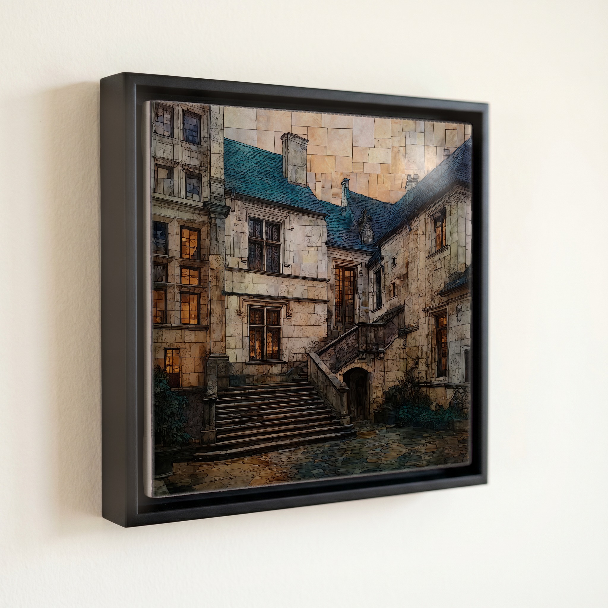 shown in a slim black floating frame · 6 × 6 in