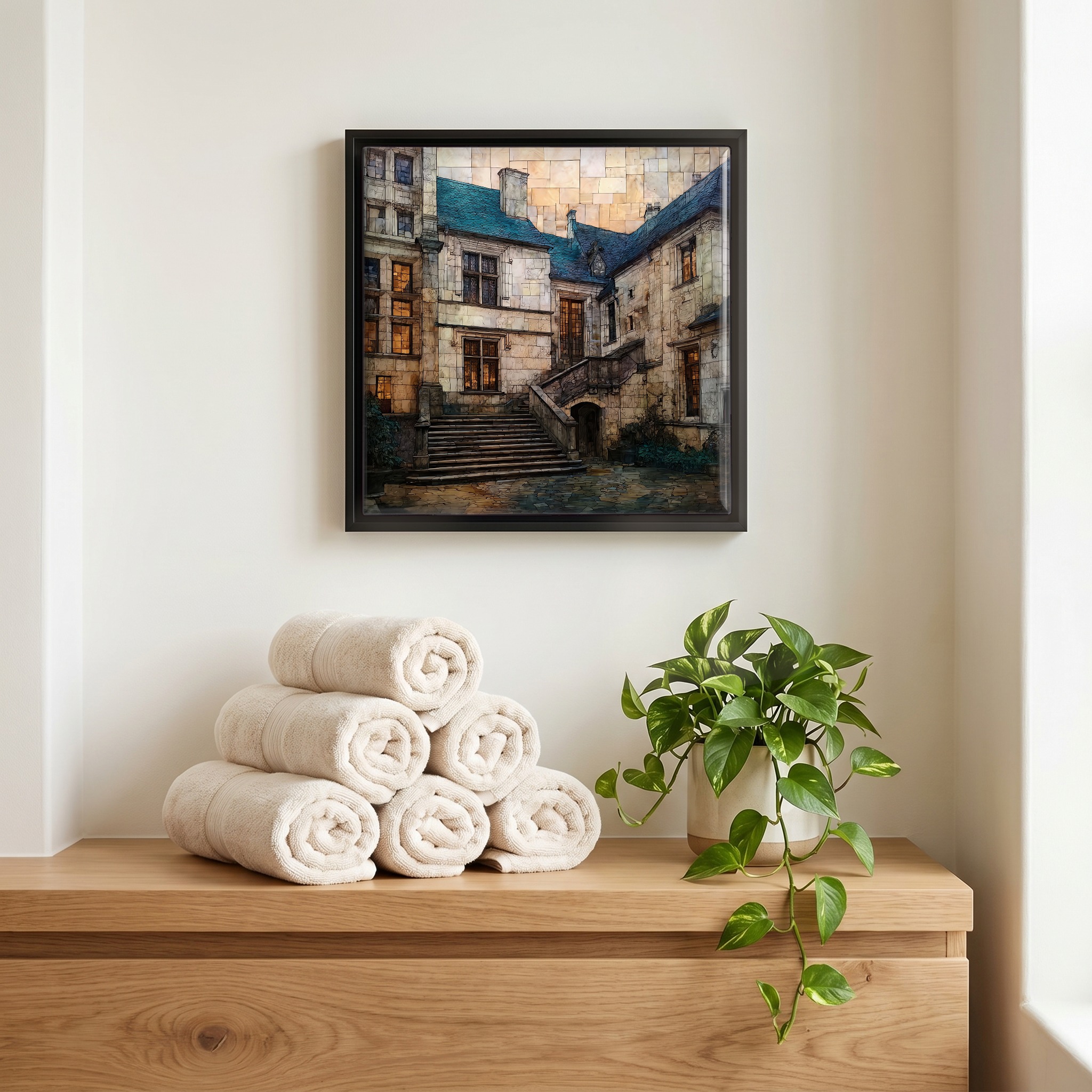 Above the linens, in a slim black surround.