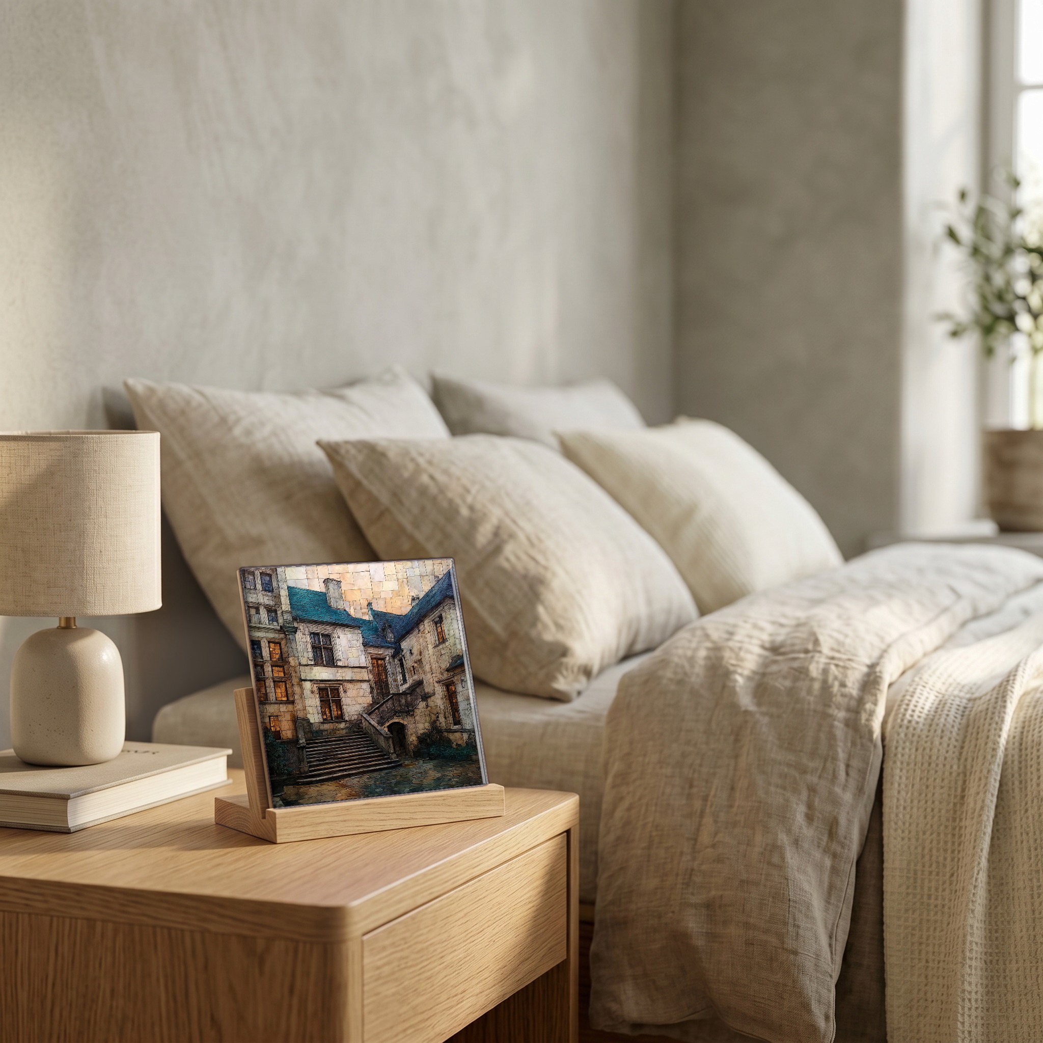 On the nightstand, on a light oak stand.