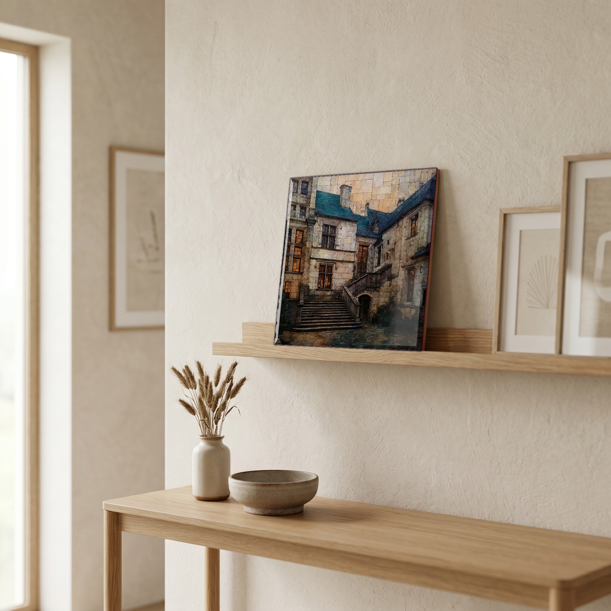 On a picture ledge, where the light comes in.
