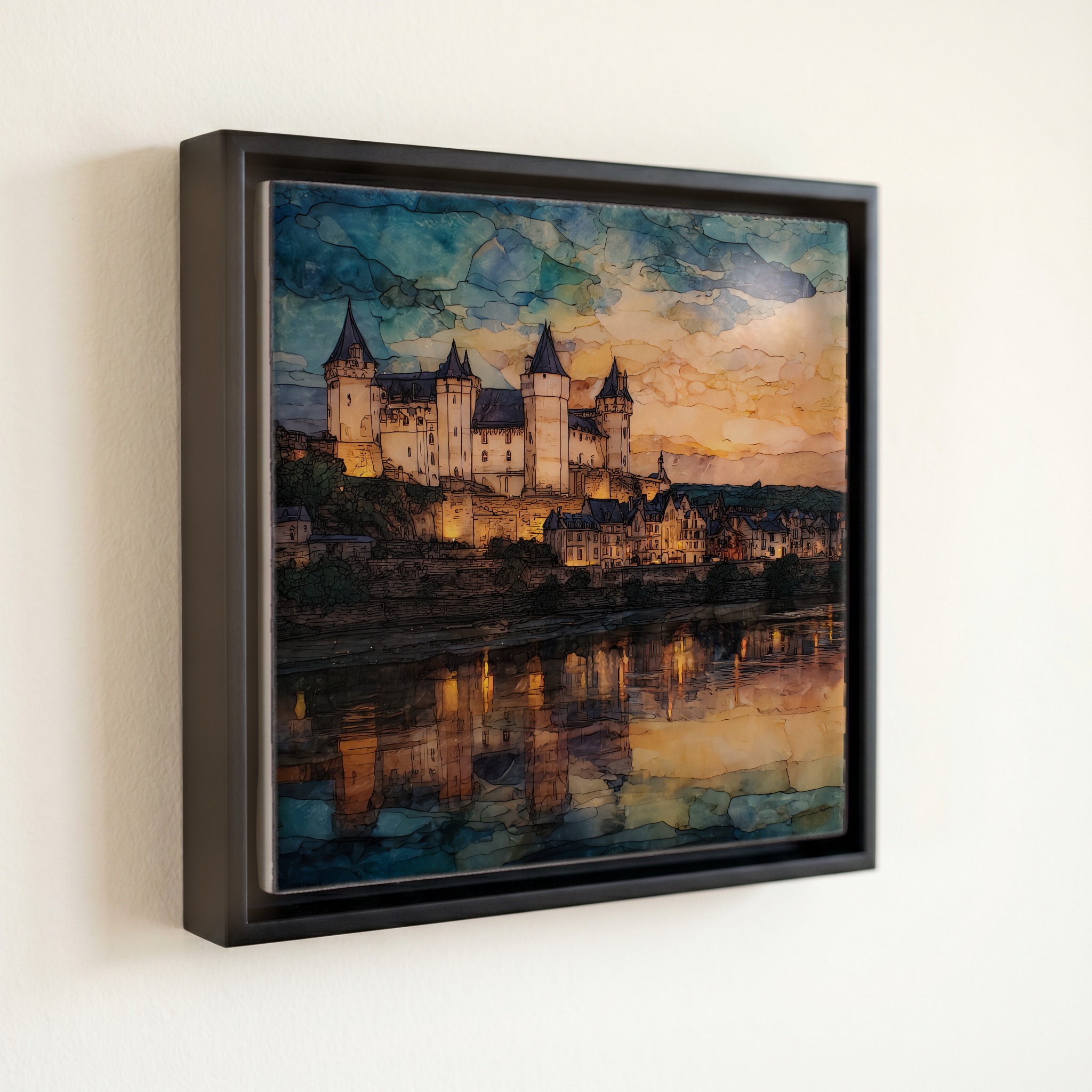 shown in a slim black floating frame · 6 × 6 in