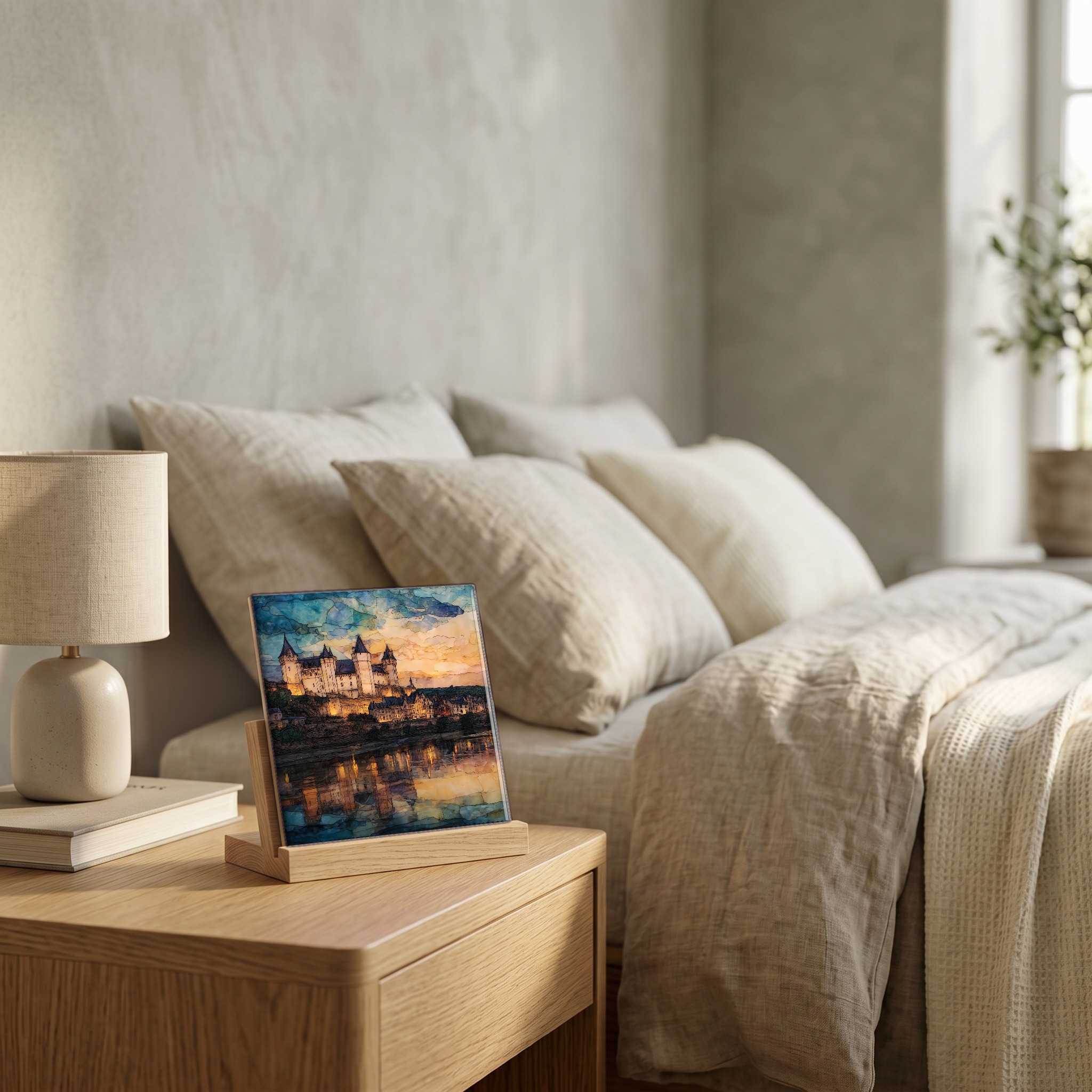 On the nightstand, on a light oak stand.