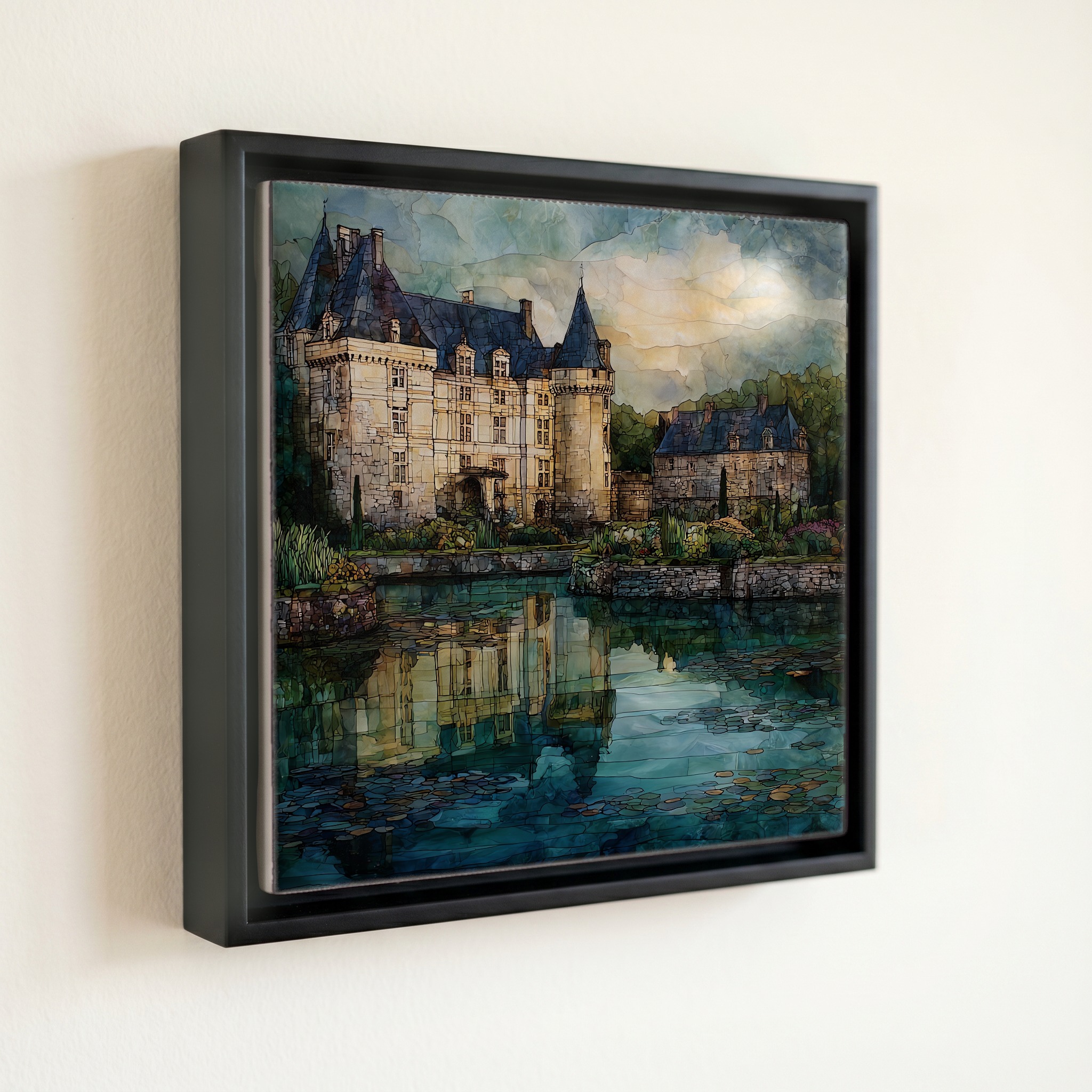shown in a slim black floating frame · 6 × 6 in
