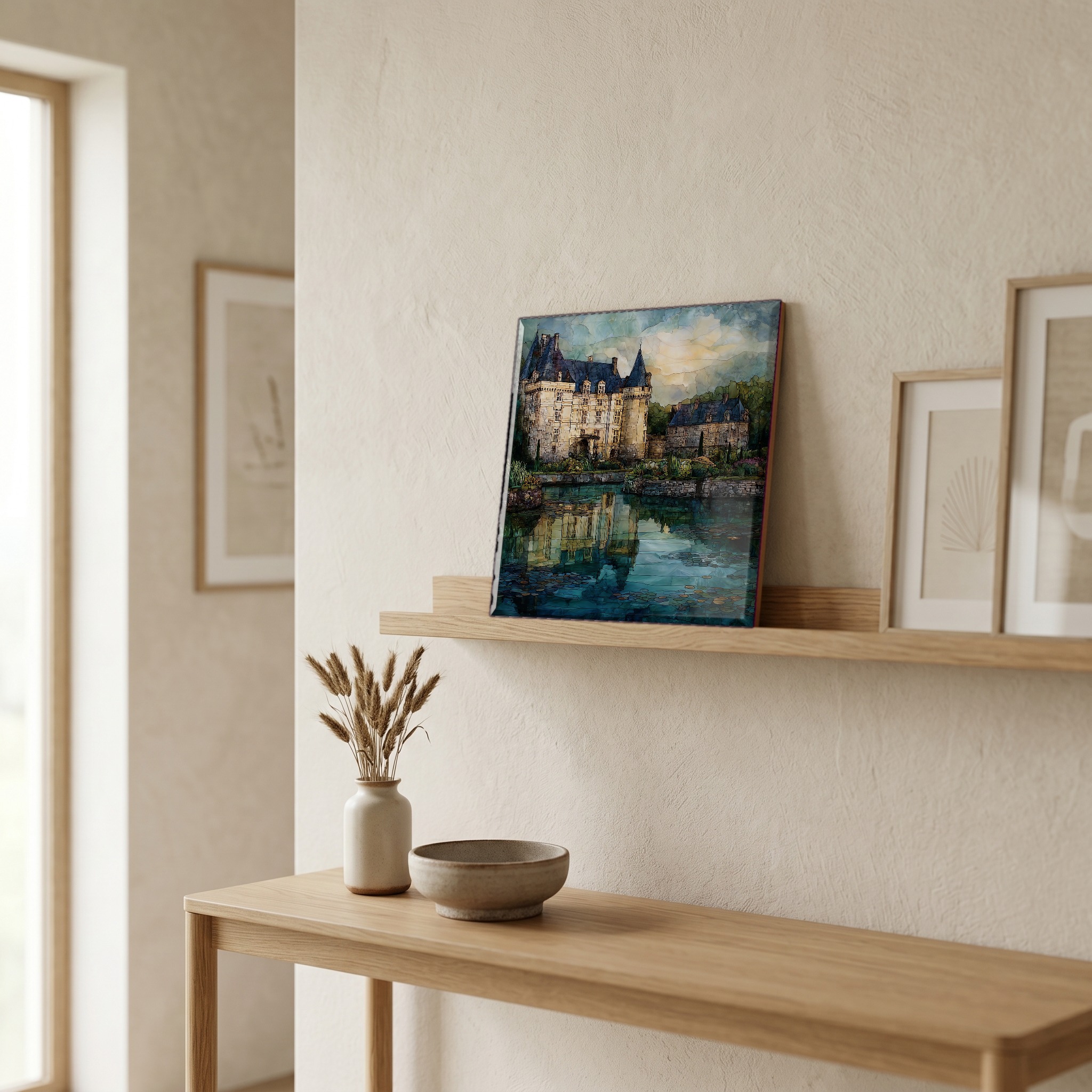 On a picture ledge, where the light comes in.