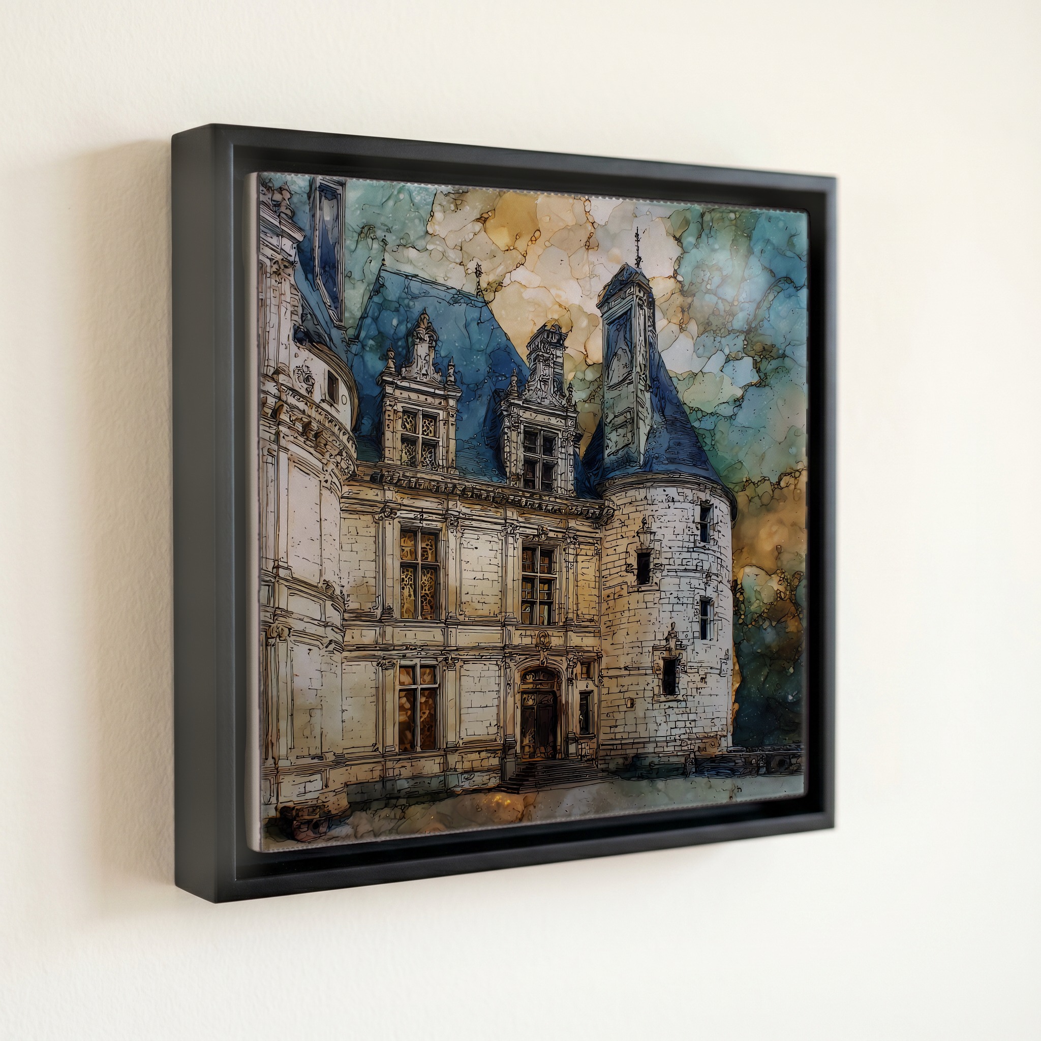 shown in a slim black floating frame · 6 × 6 in