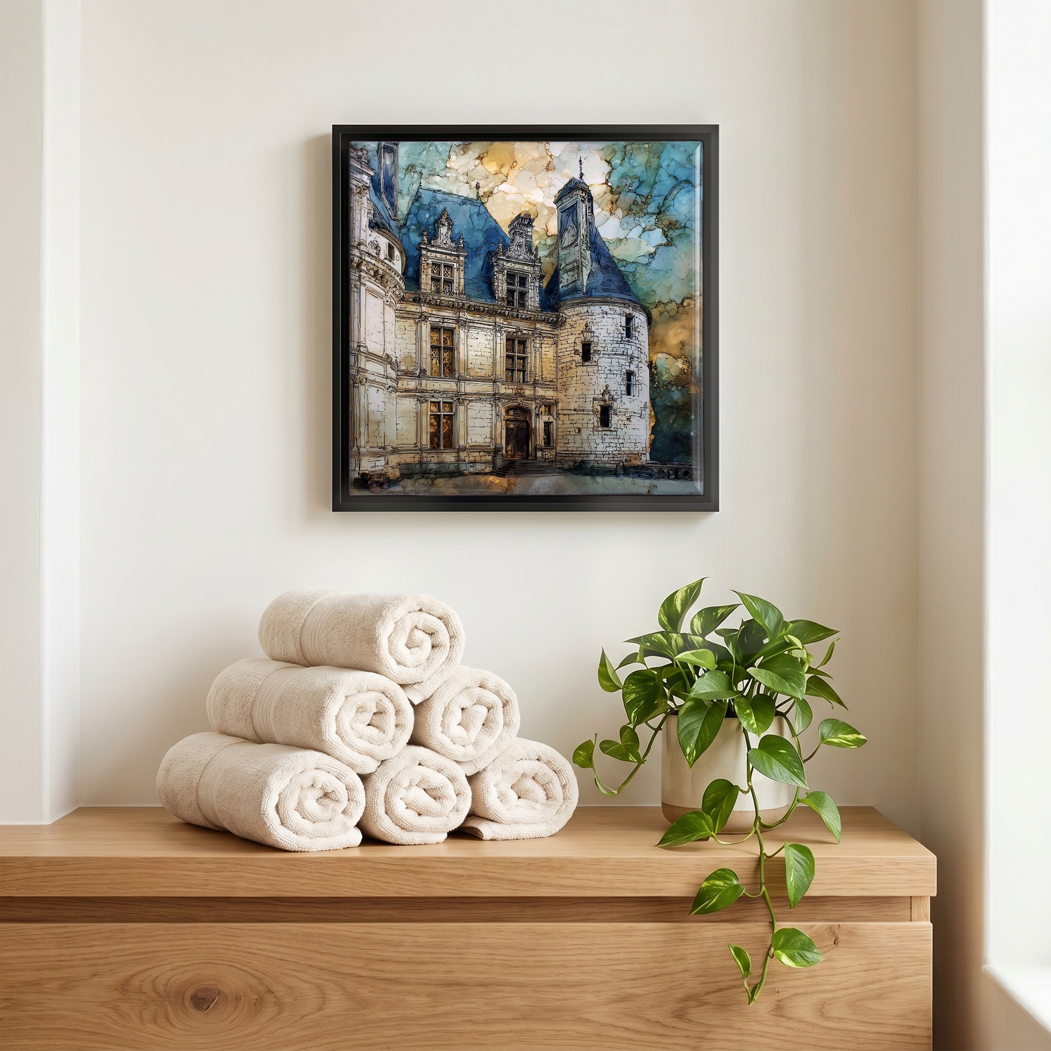 Above the linens, in a slim black surround.