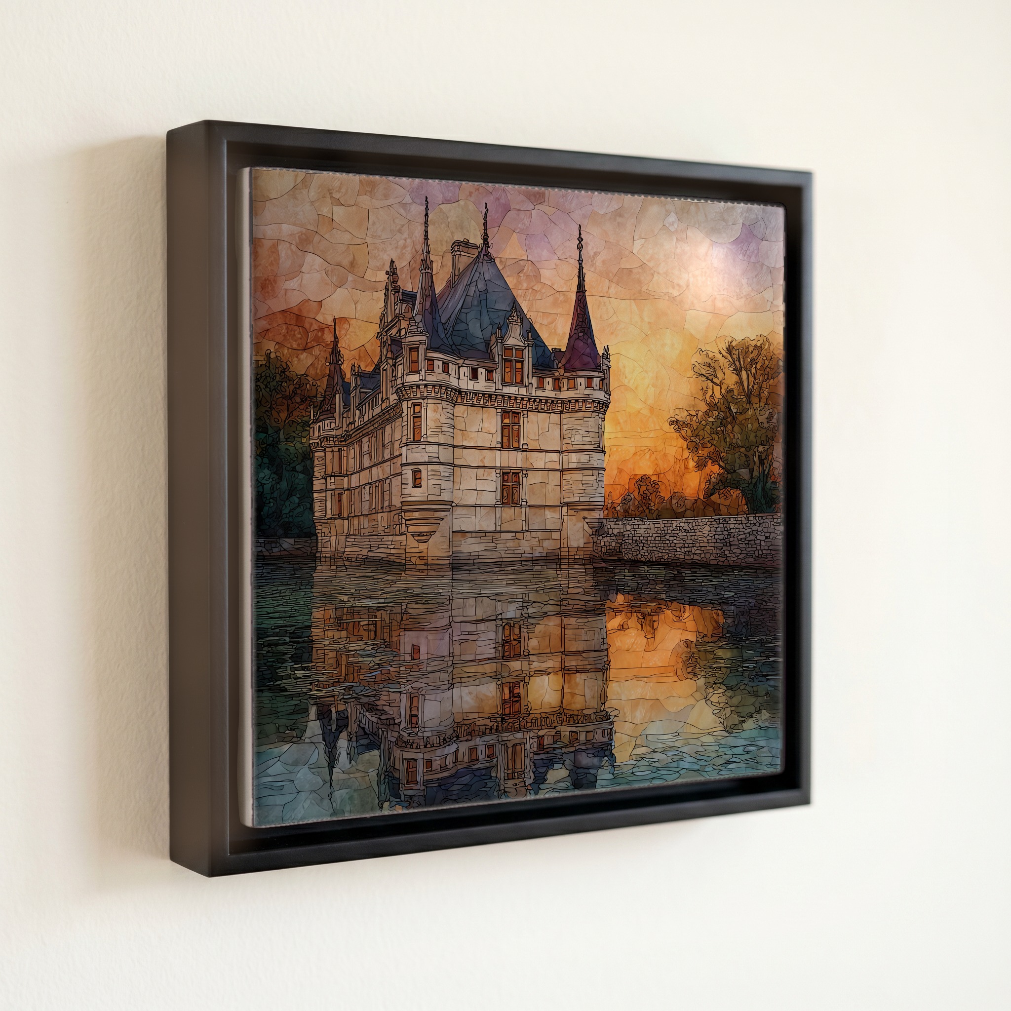 shown in a slim black floating frame · 6 × 6 in
